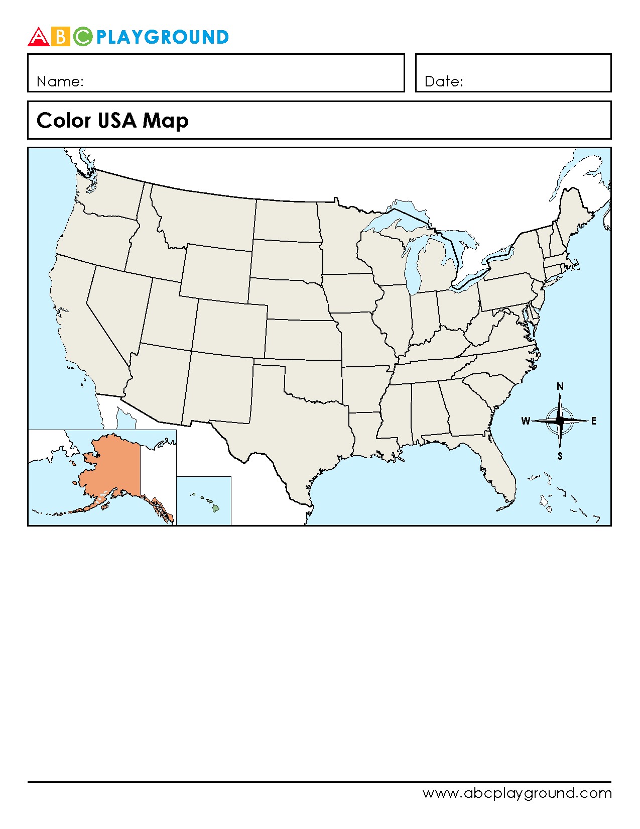 Printable USA Map Coloring Activity Worksheet
