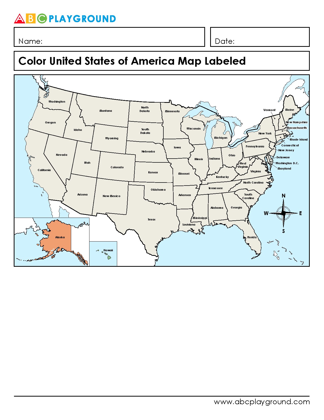 Labeled United States Map Coloring Worksheet