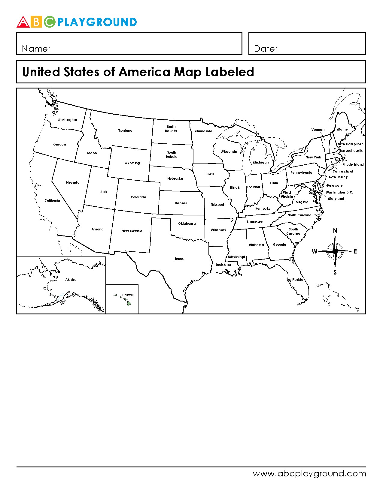 Labeled United States Map for Geography Learning