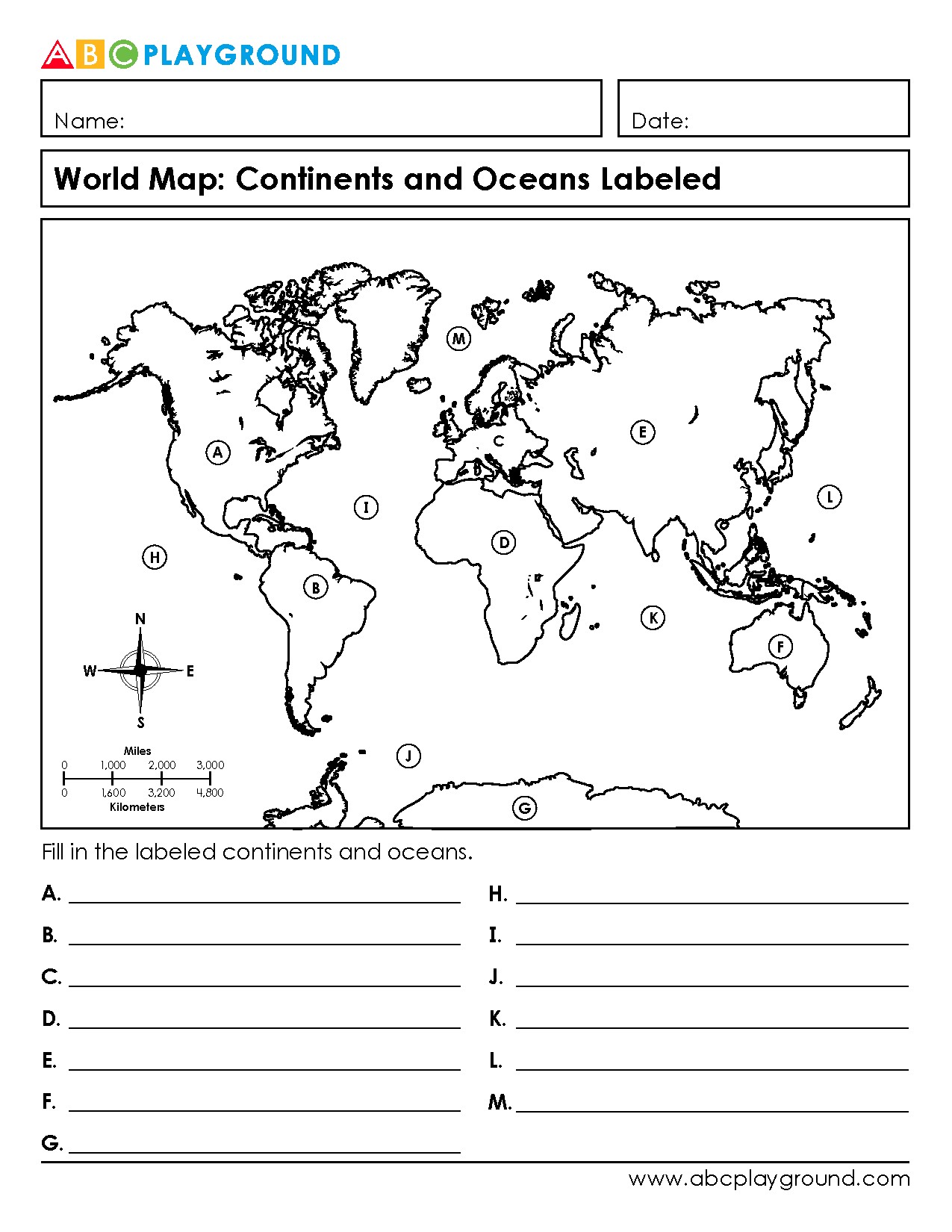 World Map: Identify Continents and Oceans Worksheet