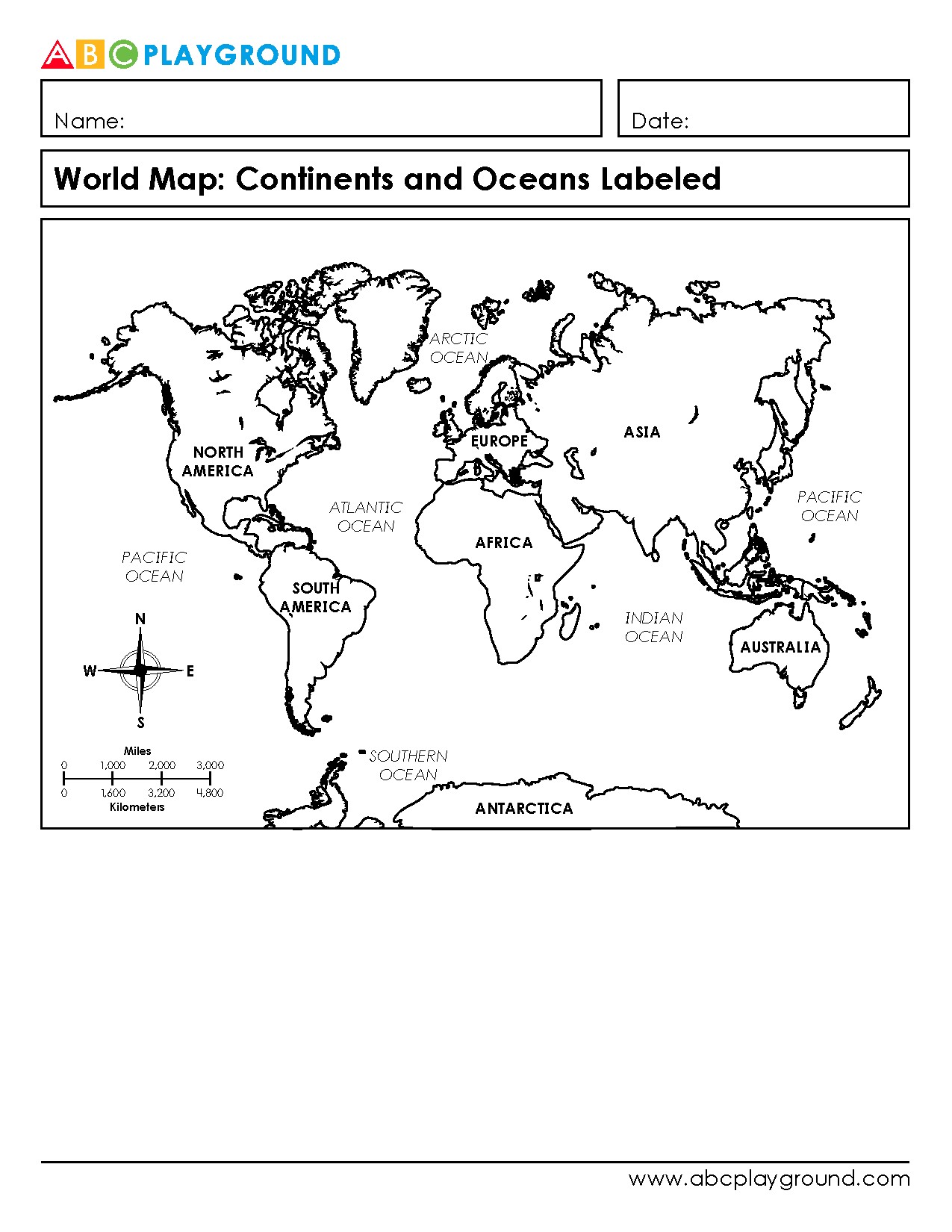 Labeled World Map Showing Continents and Oceans