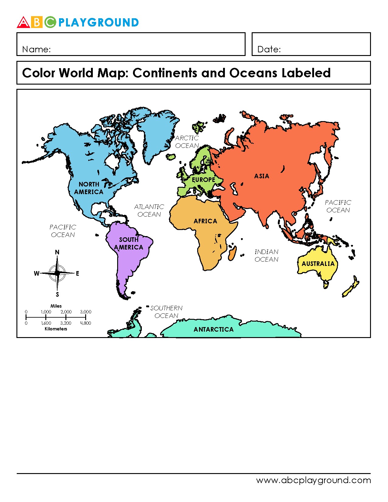 Color Labeled World Map of Continents and Oceans