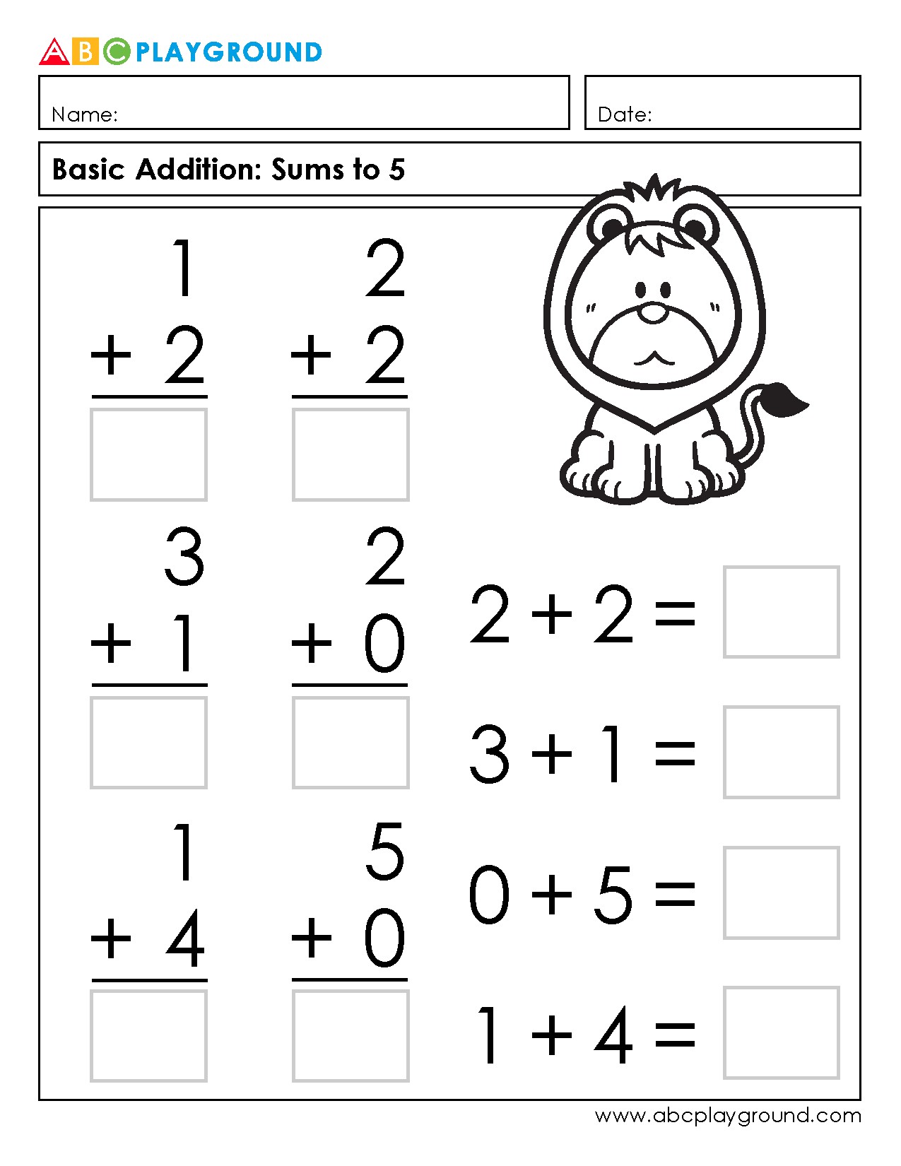 Basic Addition Practice with Sums to 5