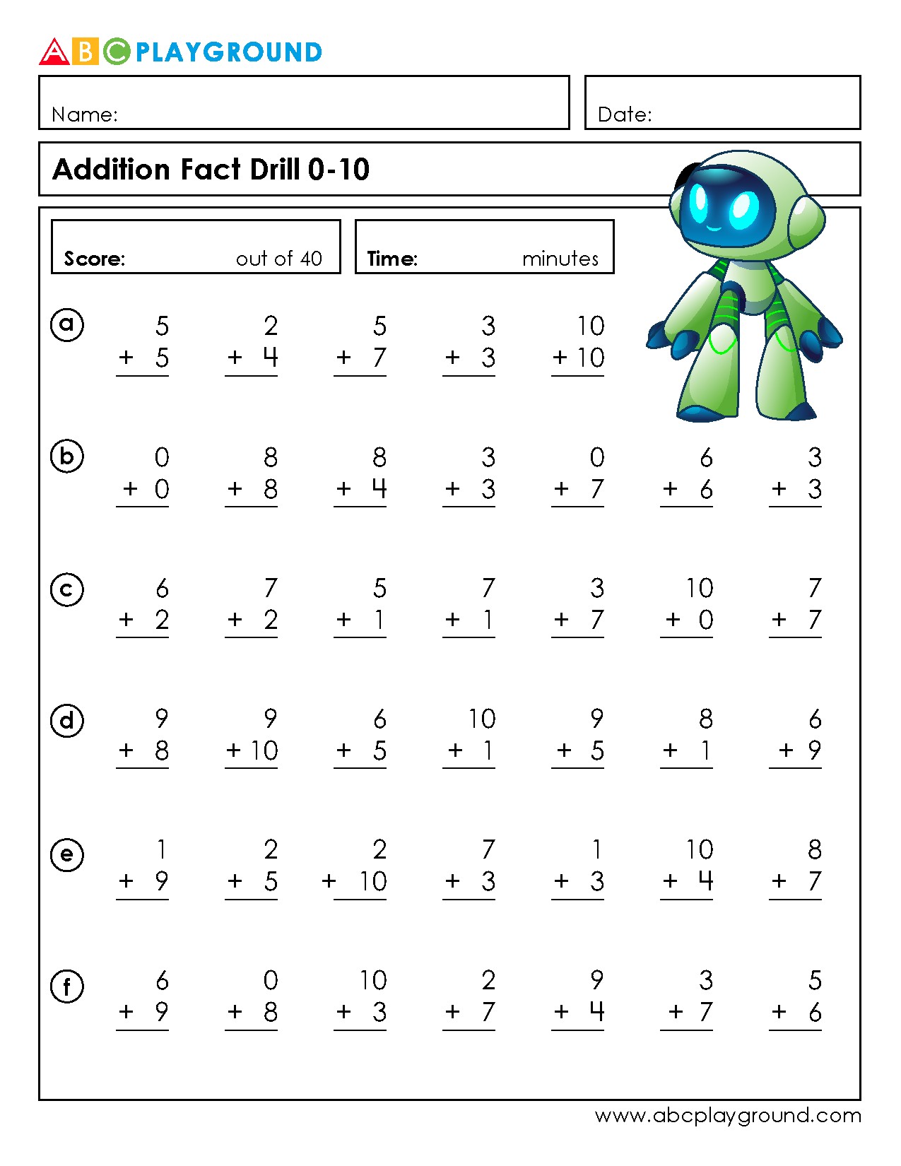 Addition Fact Drill Practice for Numbers 0 to 10