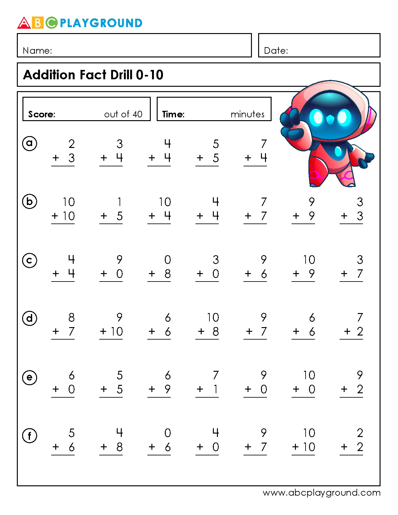 Addition Fact Drill Worksheet for Practice 0-10