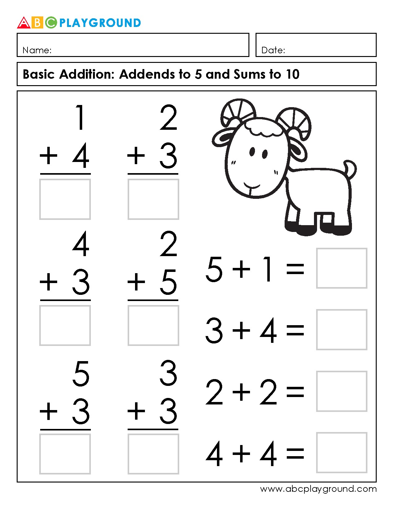 Basic Addition Worksheets for Addends to 5 and Sums to 10