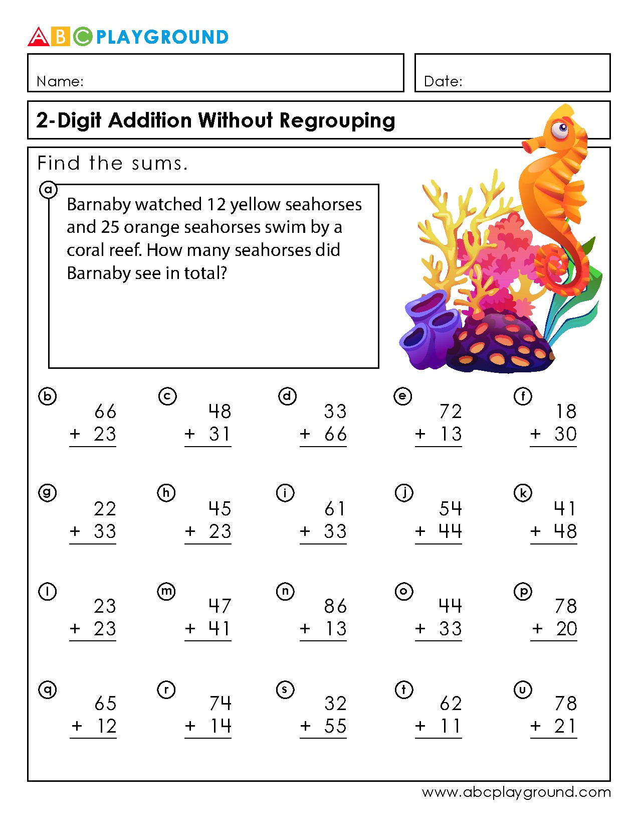 2-Digit Addition Without Regrouping Worksheets