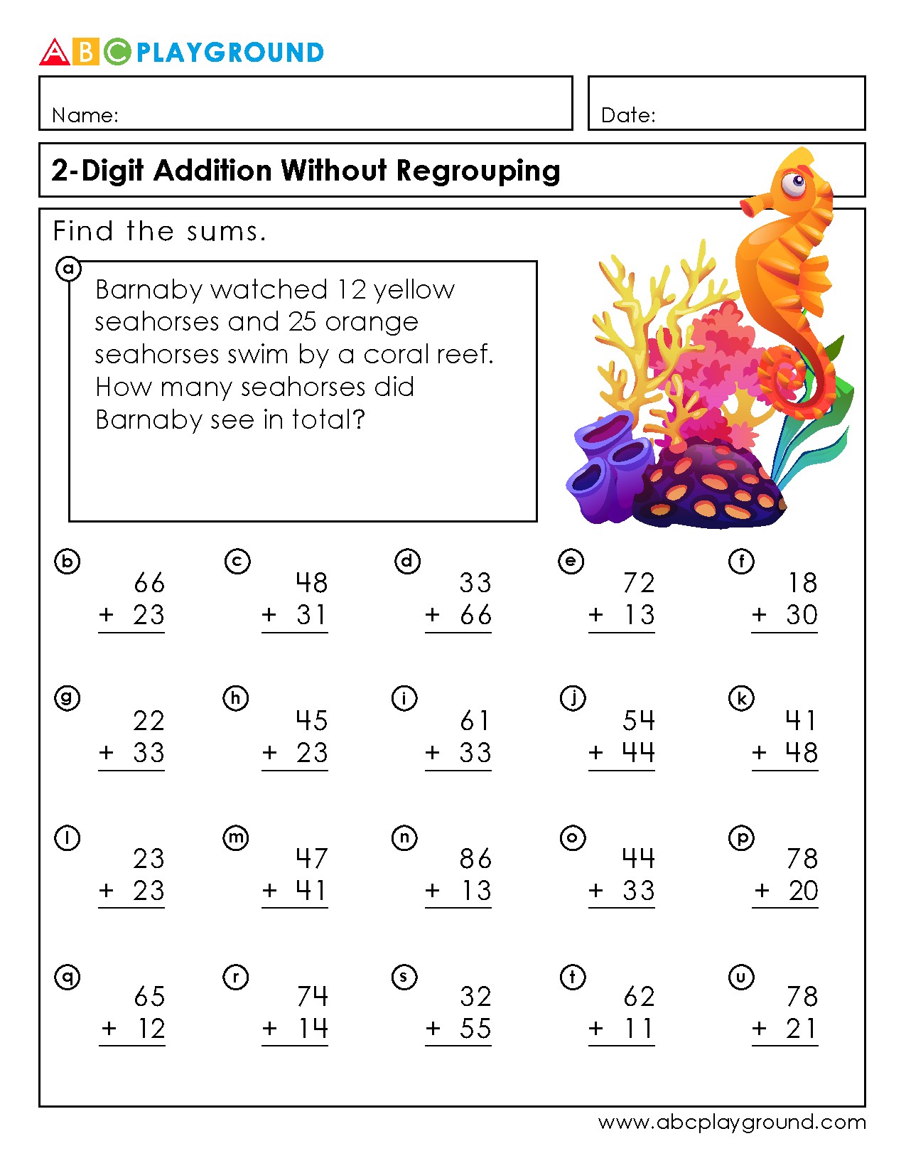2-Digit Addition Without Regrouping Practice Worksheet
