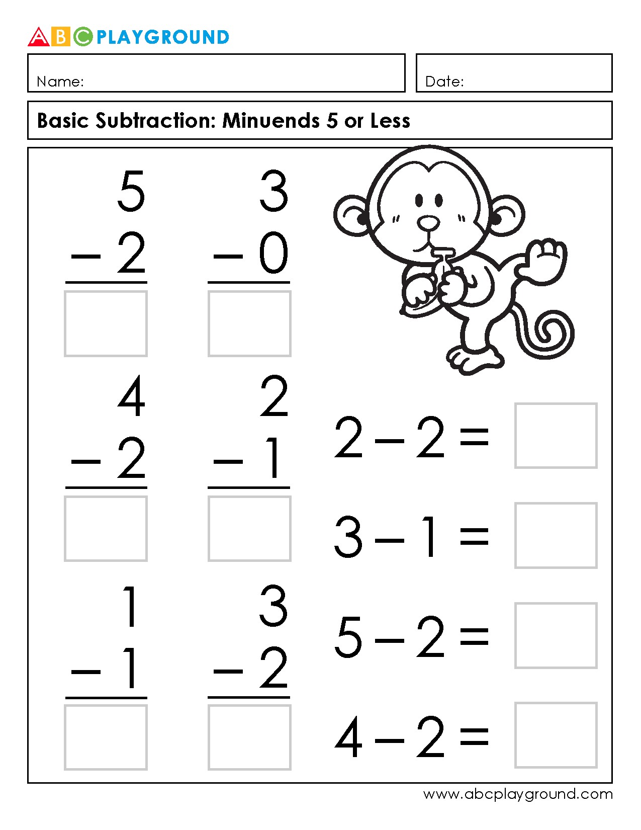 Basic Subtraction Practice with Minuends 5 or Less