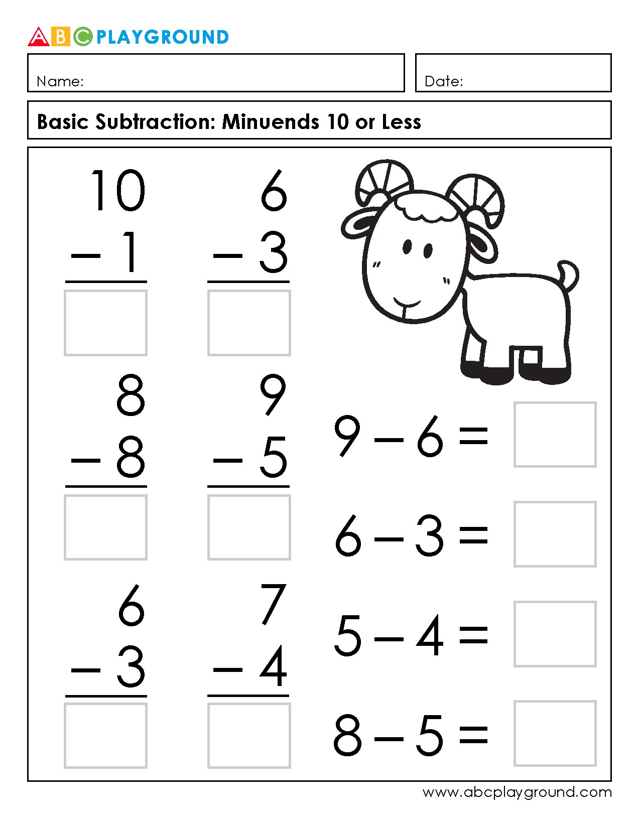 Basic Subtraction Practice with Minuends 10 or Less