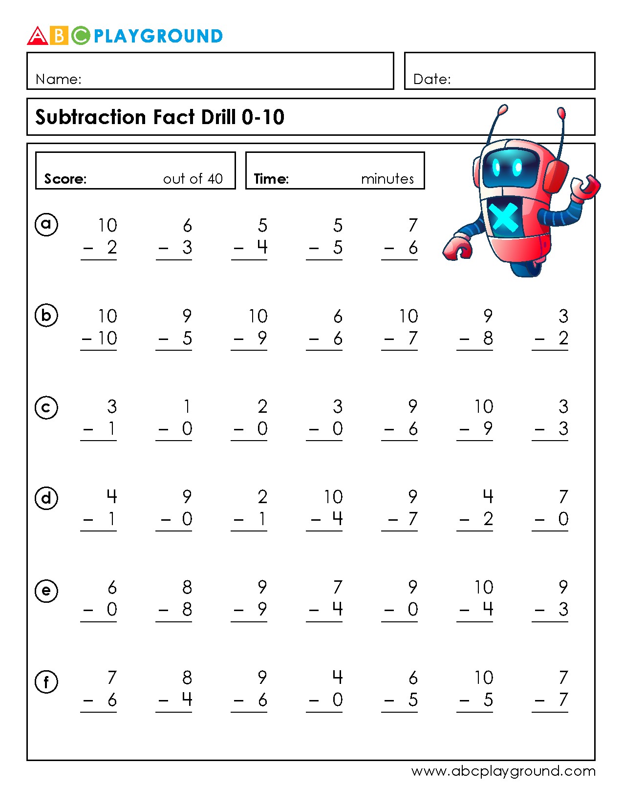 Subtraction Fact Drill Practice for Numbers 0 to 10