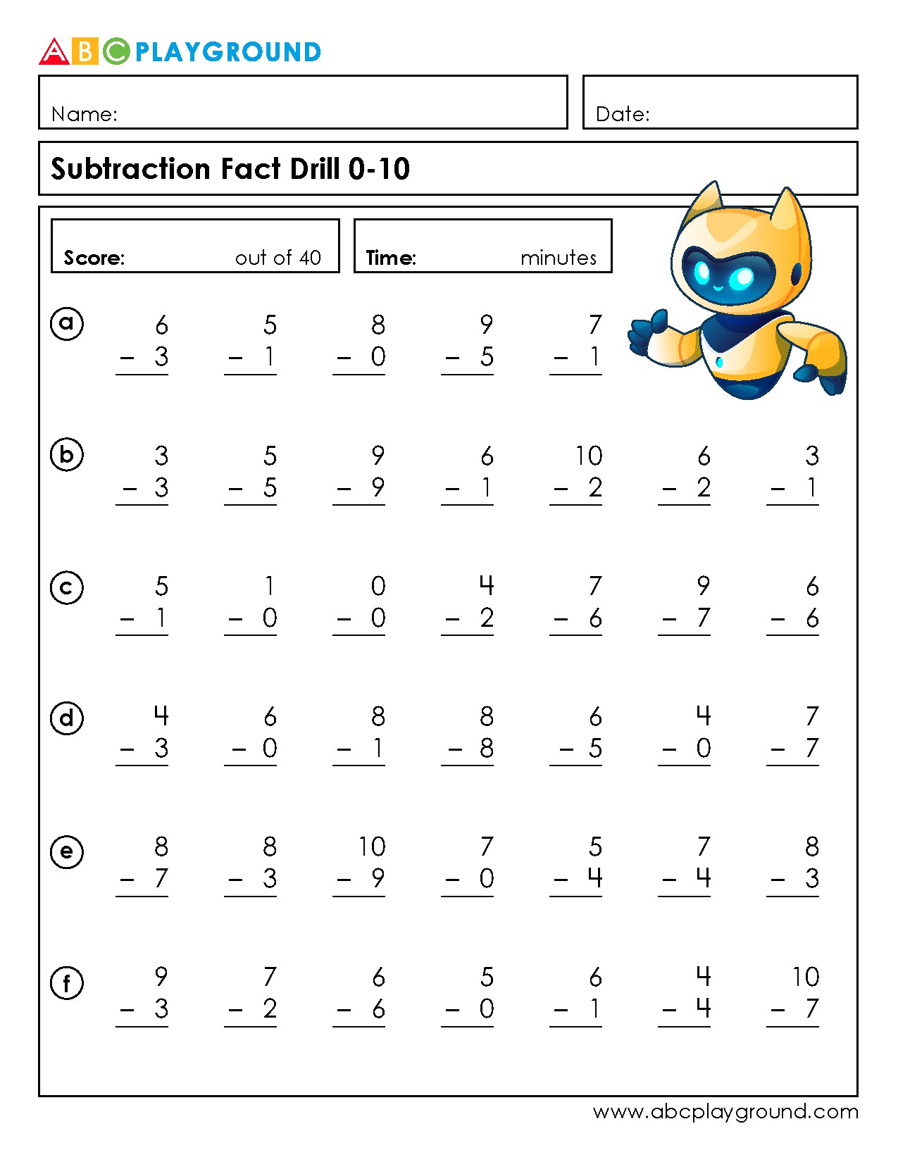 Subtraction Facts Drill for Basic Math Fluency