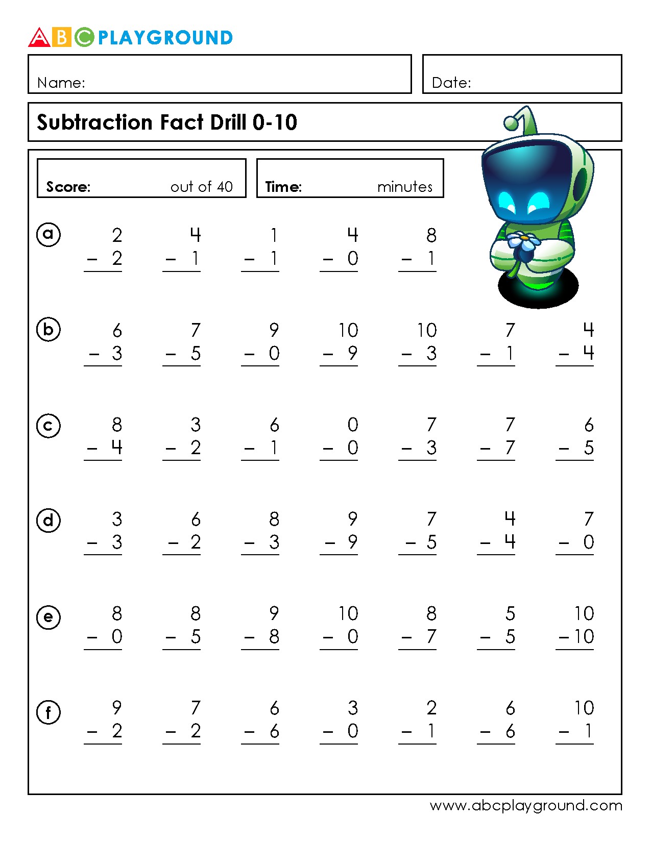Subtraction Fact Drill Practice for Basic Math Skills