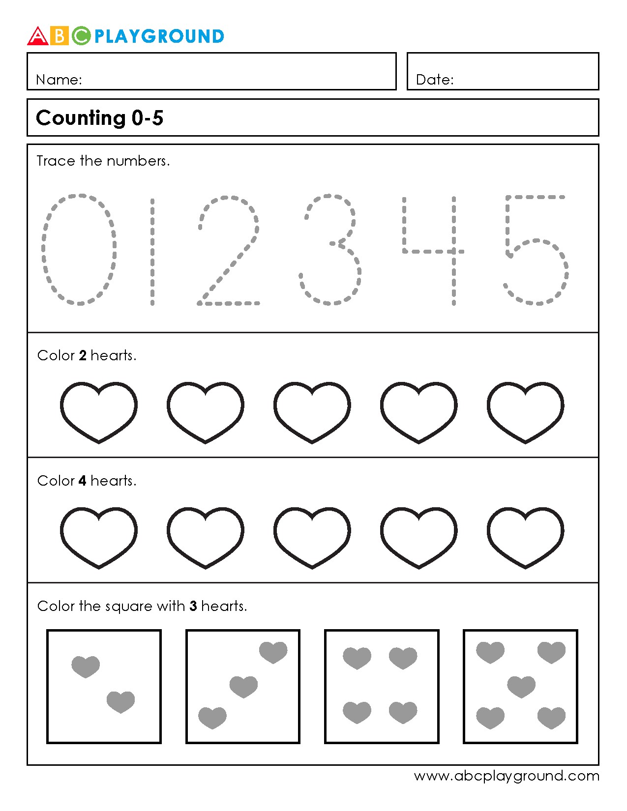Counting and Number Tracing from 0 to 5 Worksheet