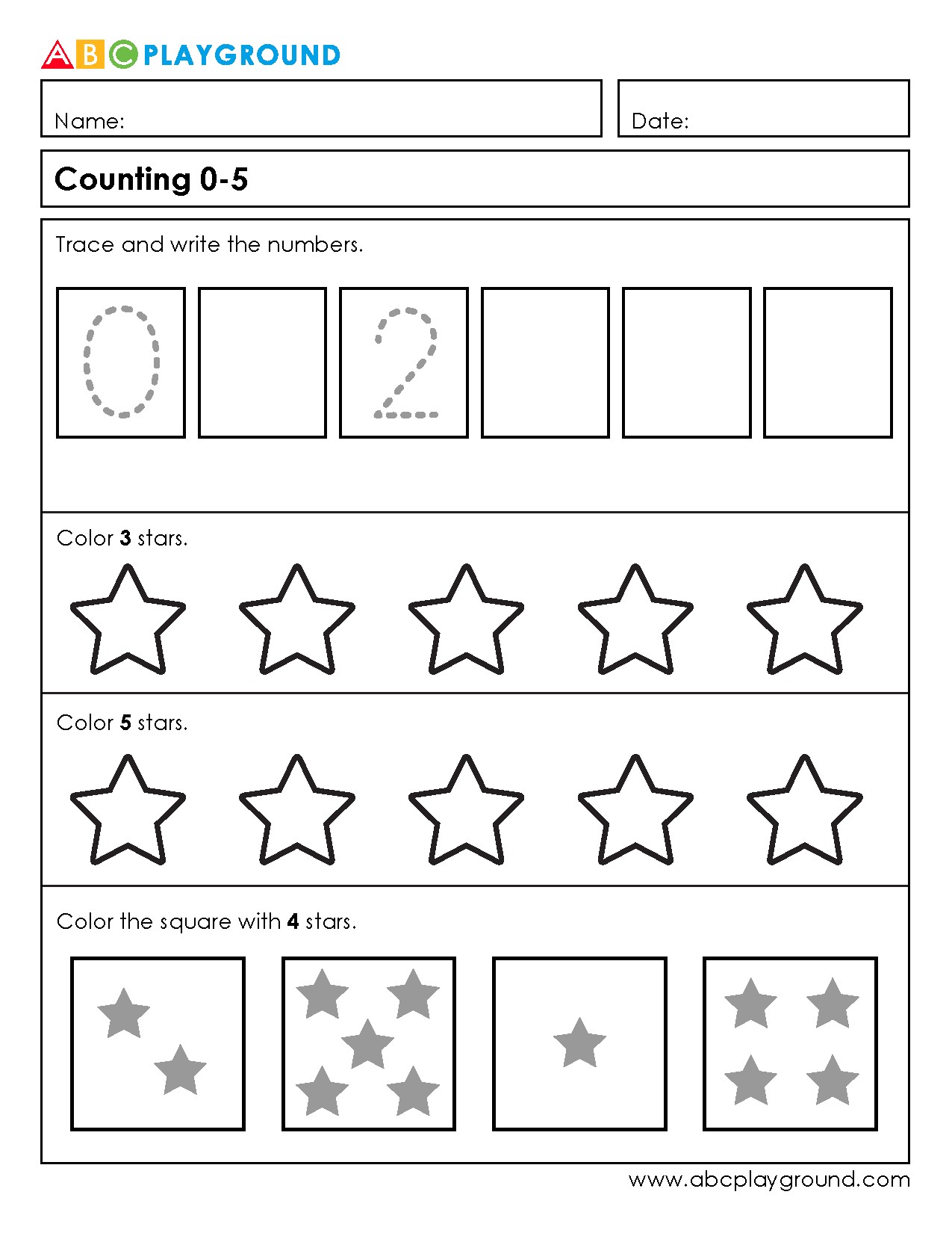 Trace and Count Numbers 0-5 with Stars Coloring Activity