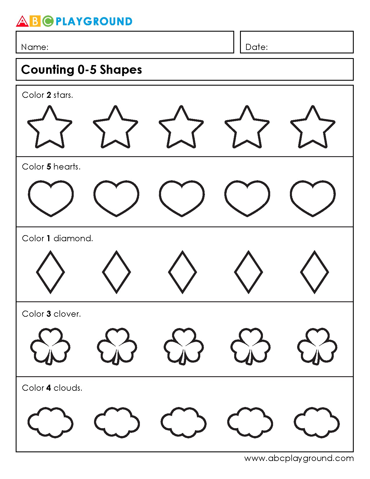 Count and Color Shapes from 0 to 5 Worksheet
