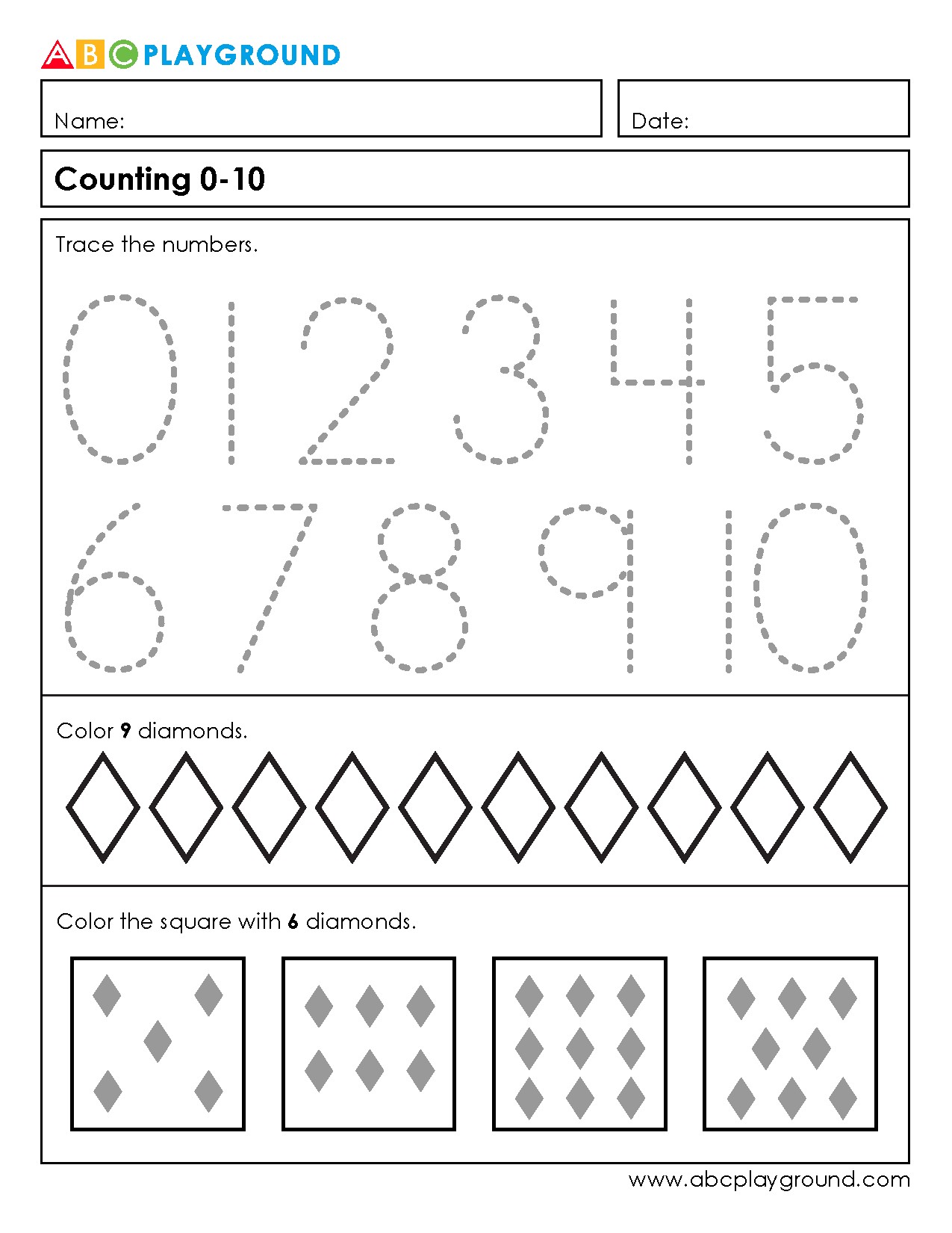 Counting and Tracing Numbers 0 to 10 Worksheet