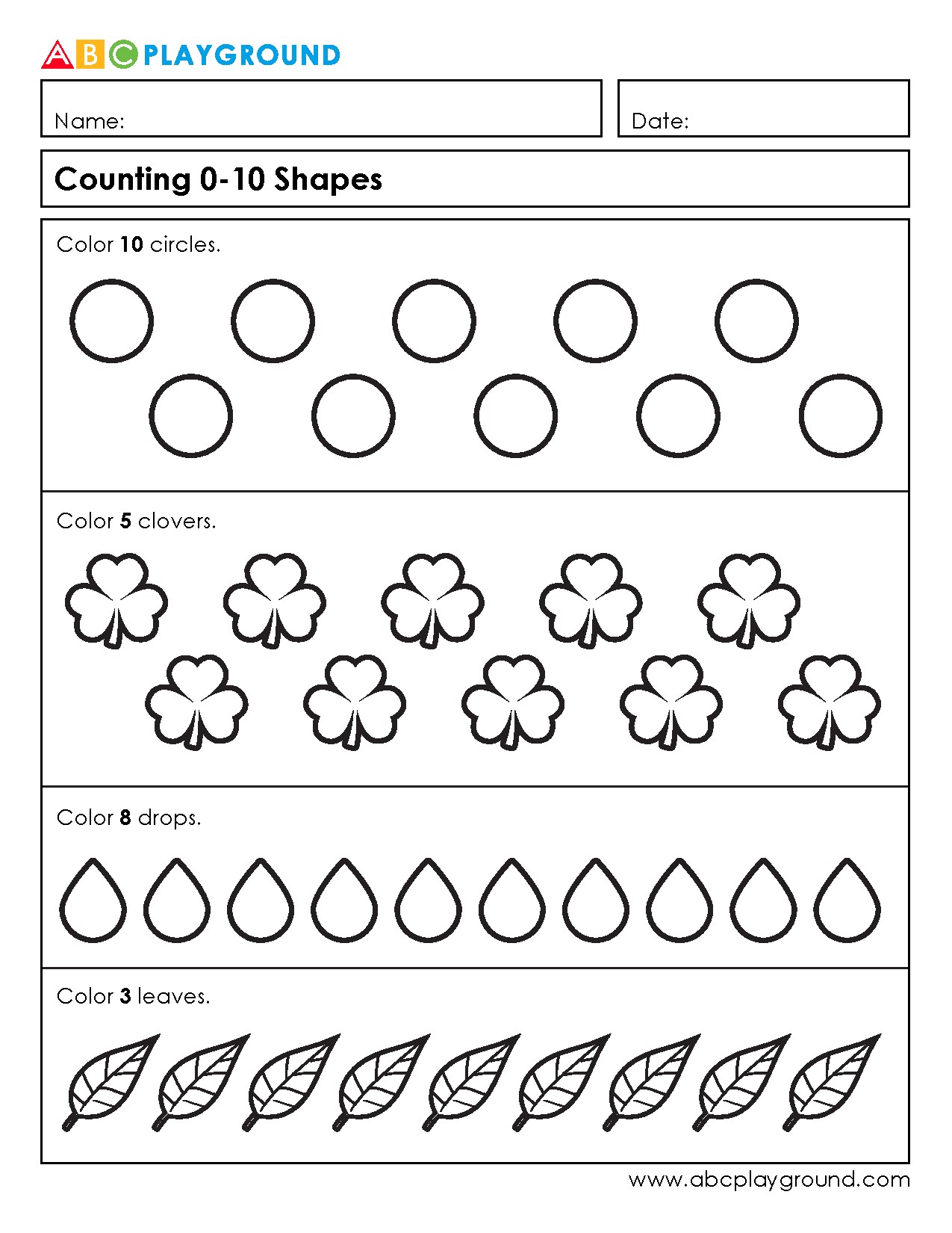 Counting and Coloring Shapes 0-10 Worksheet
