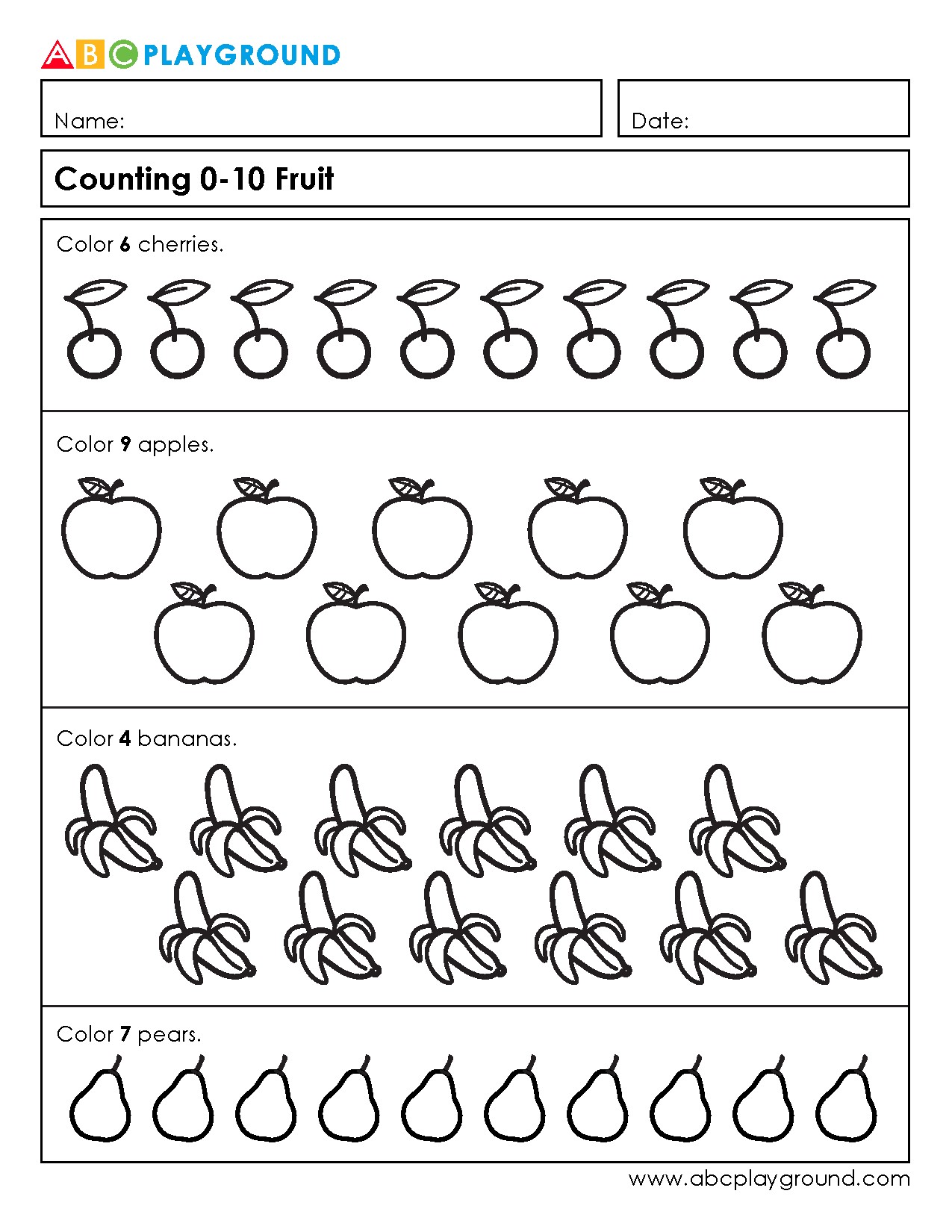 Counting and Coloring Fruits from 0 to 10 Worksheet