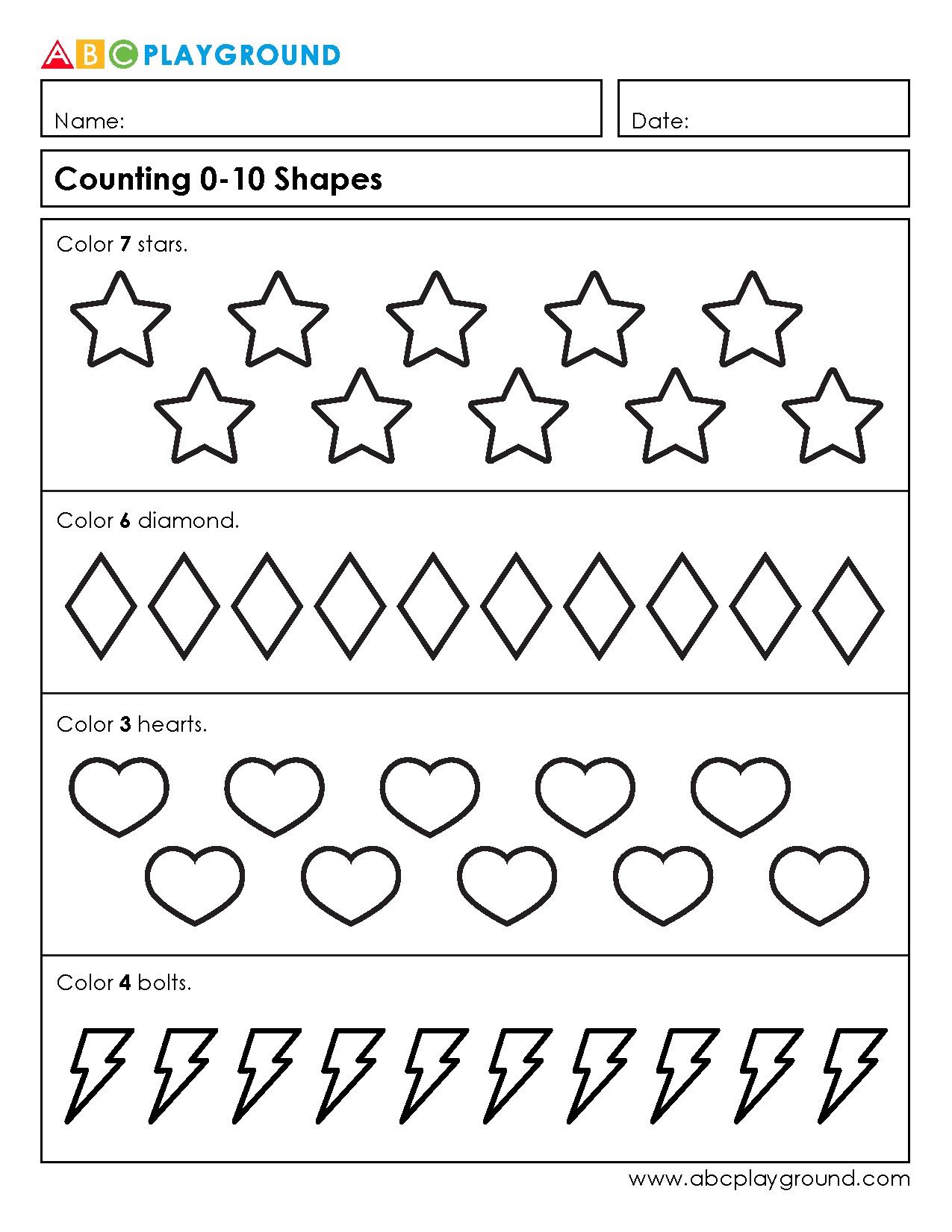 Counting and Coloring Shapes from 0 to 10 Worksheet
