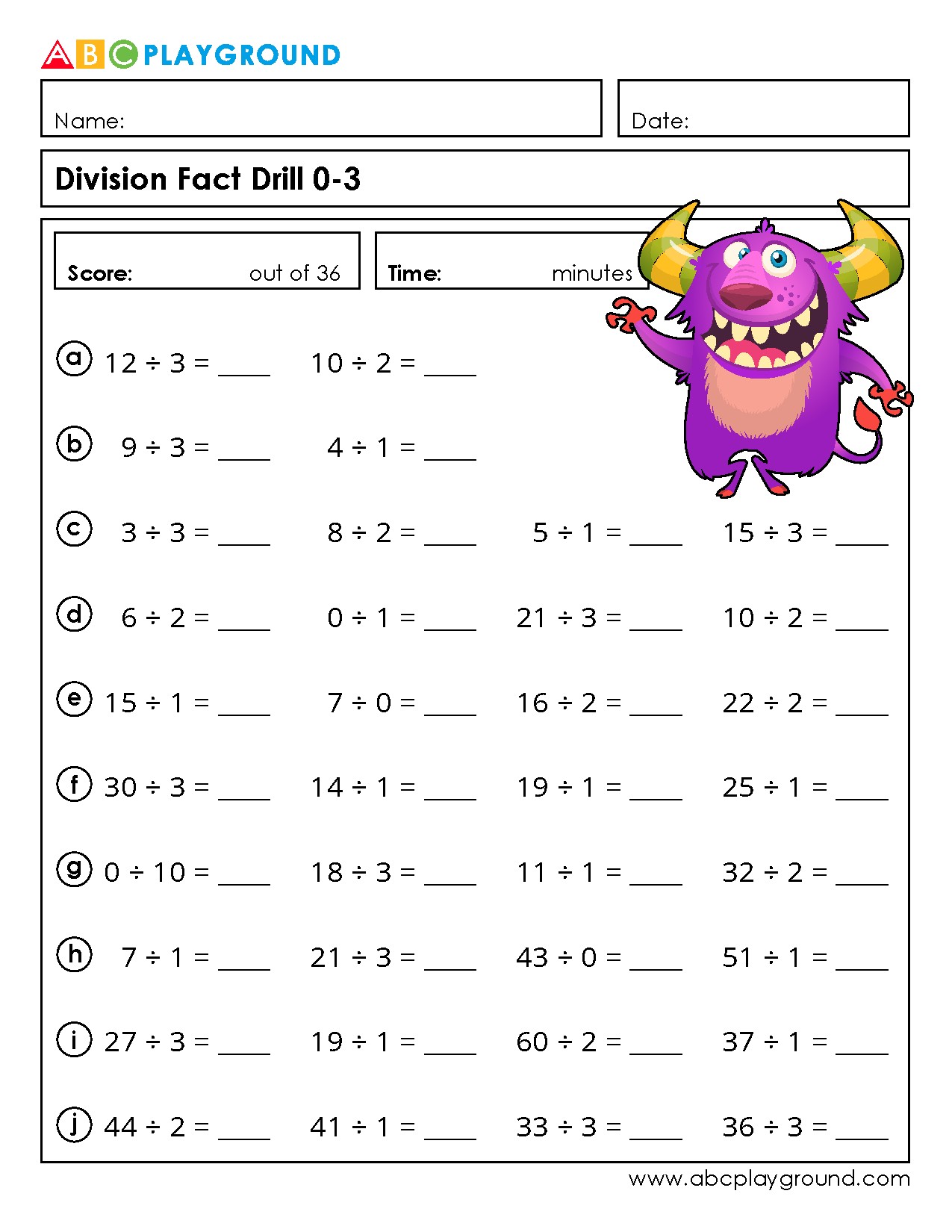 Division Fact Drill Practice for Basic Divisors 0-3
