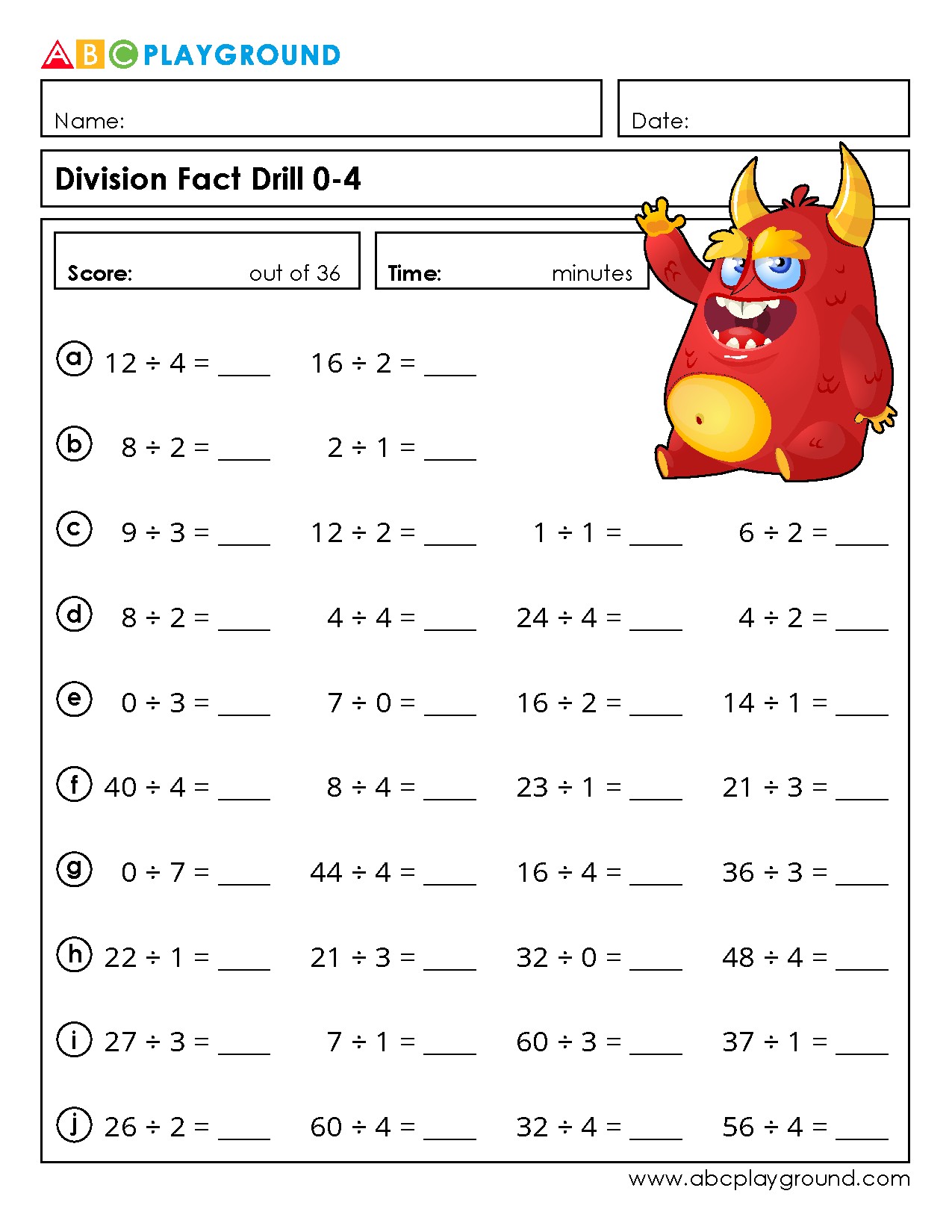 Division Fact Drill Practice for Easy Learning