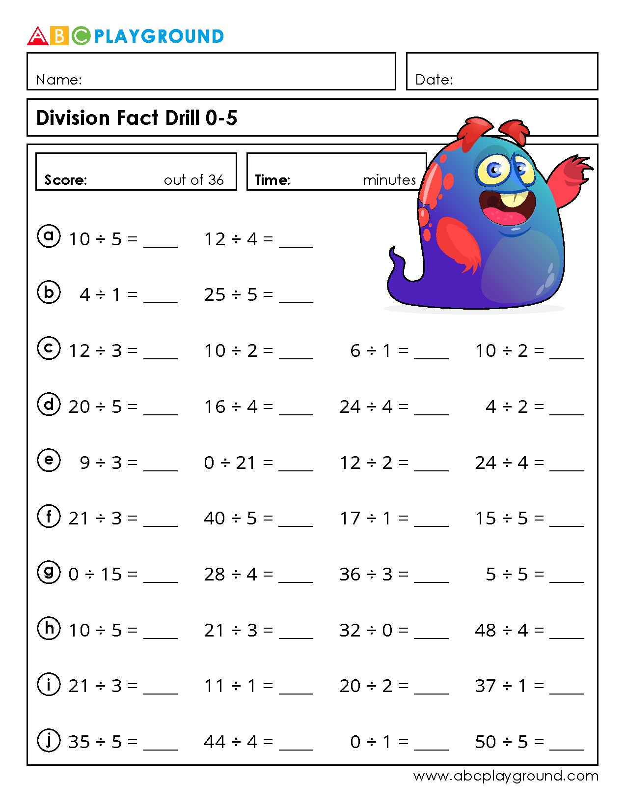 Division Fact Drill Practice for Quick Mastery