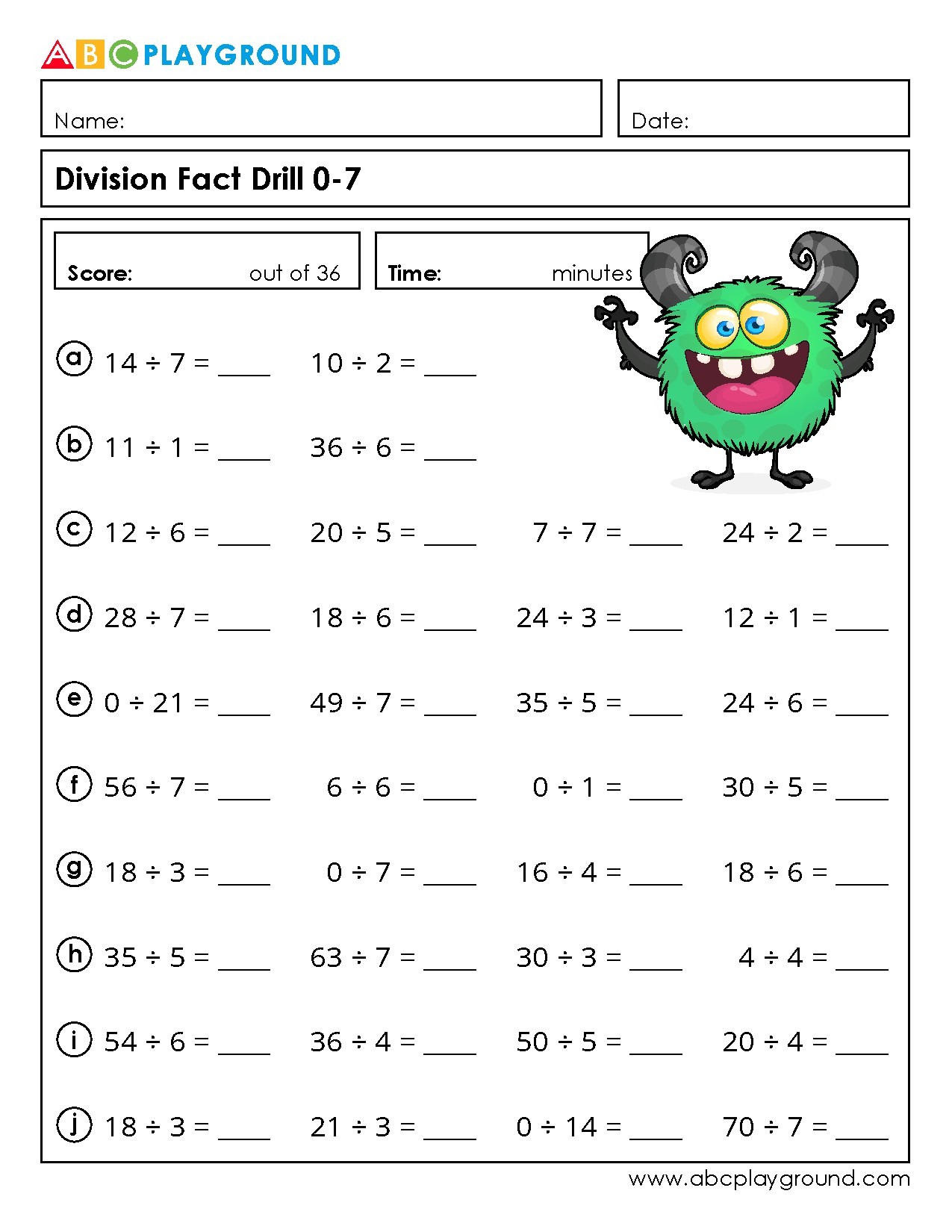 Division Fact Drill Practice for Basic Division Skills