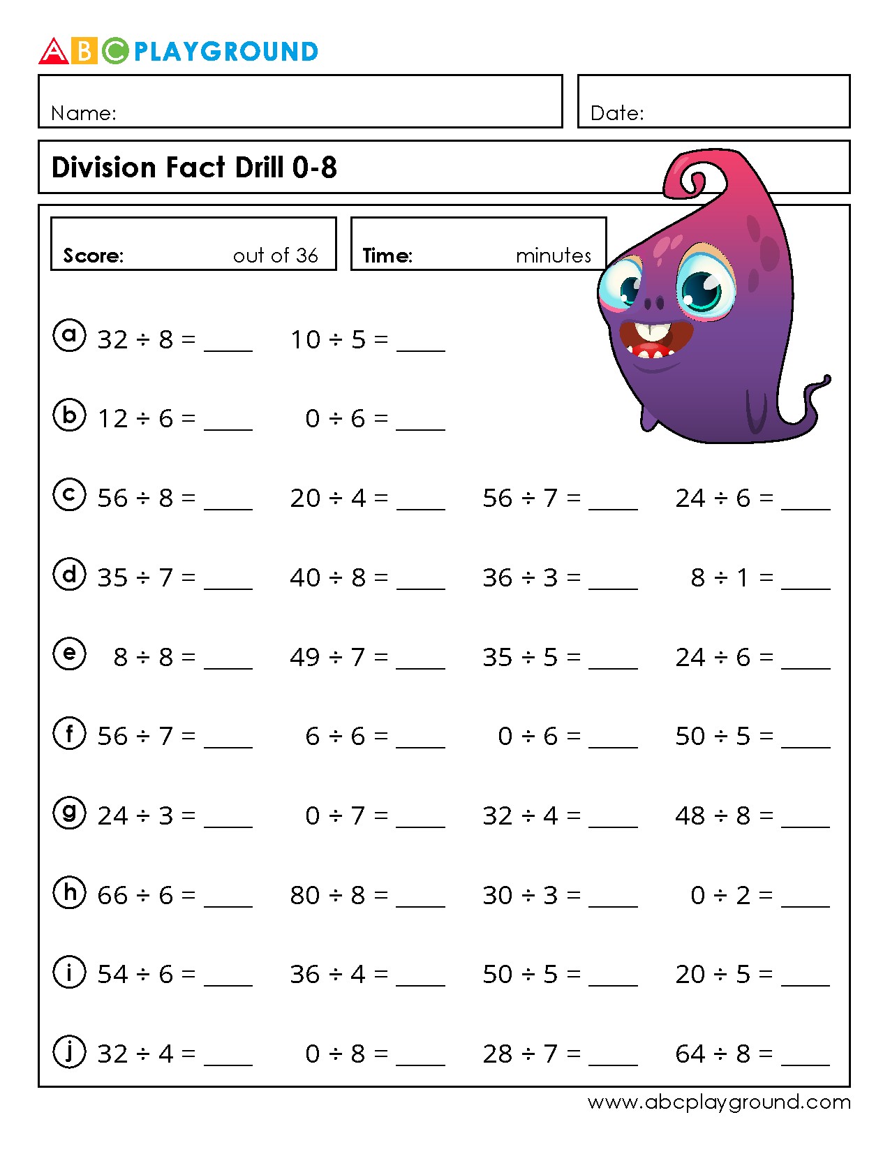 Division Fact Drill 0-8 Practice Worksheet