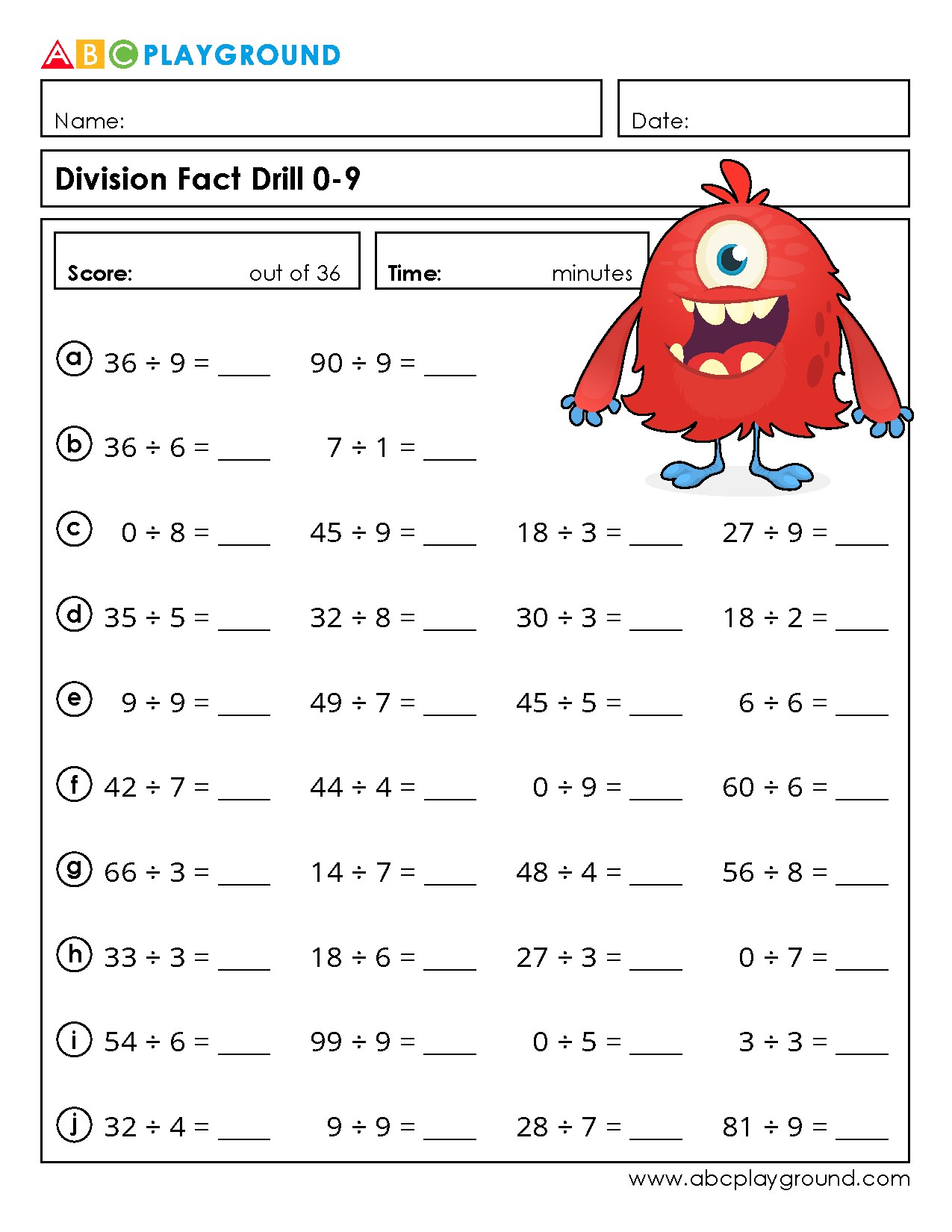 Division Fact Drill Practice for Basic Division Skills