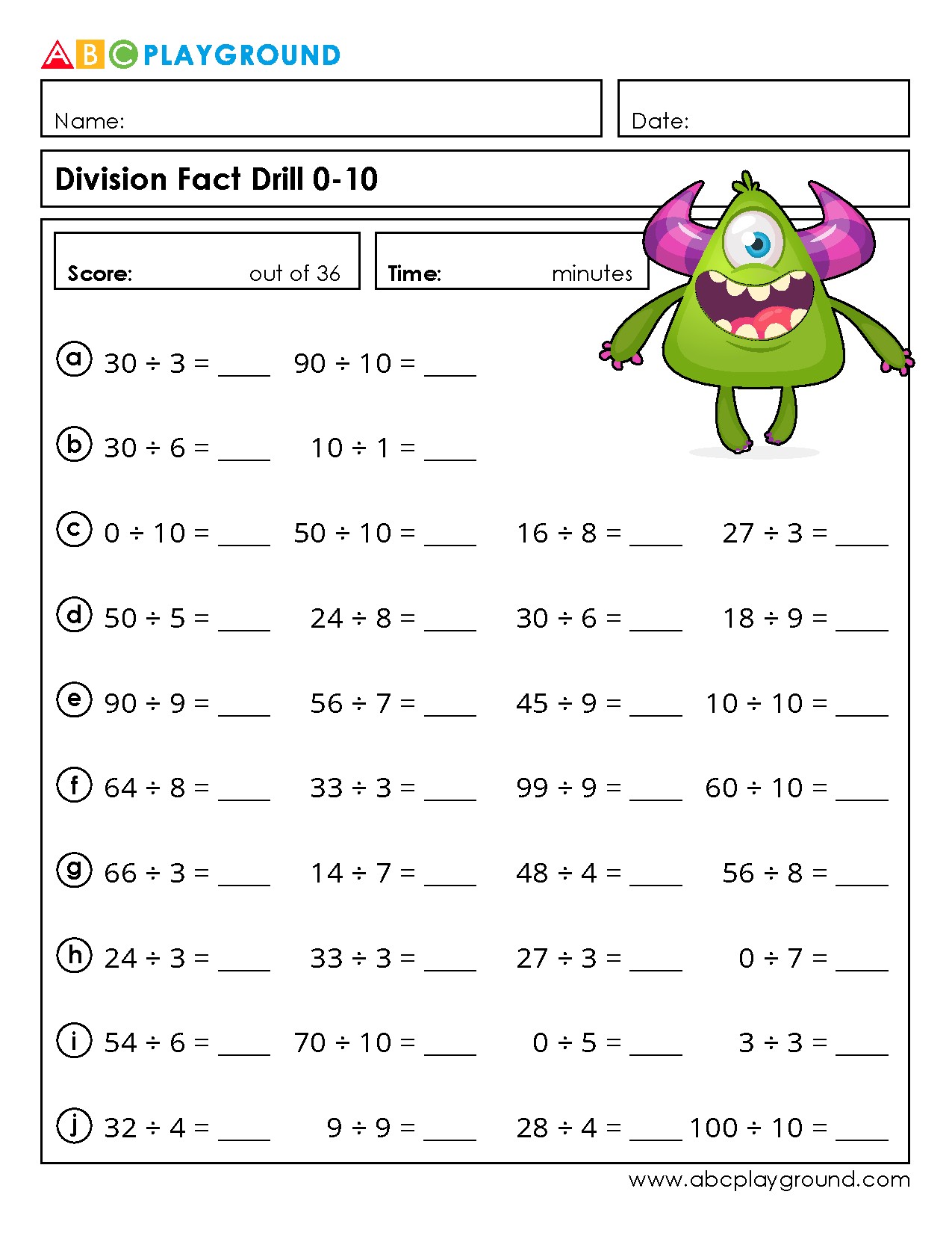 Division Facts Practice for Numbers 0 to 10