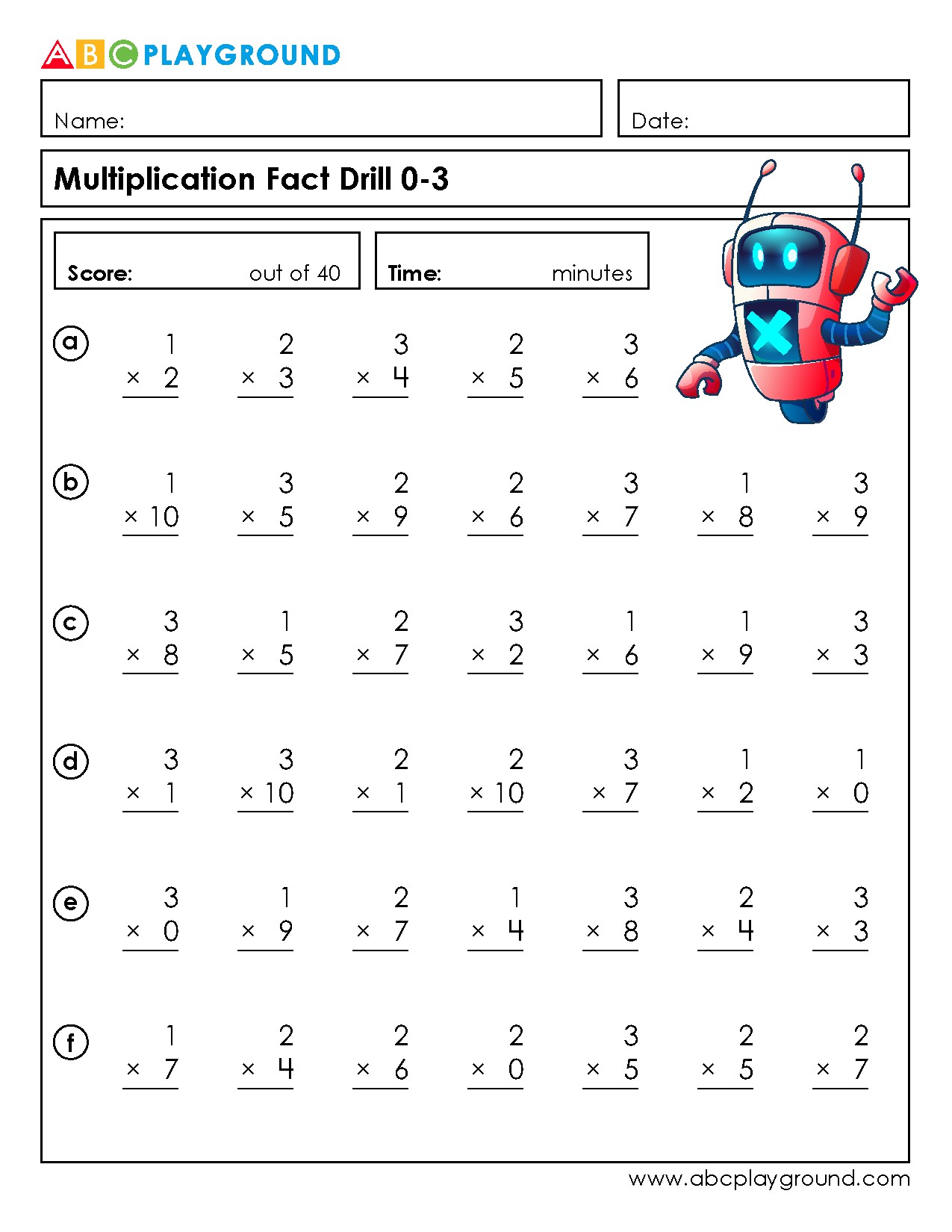Multiplication Fact Drill Practice for Numbers 0 to 3