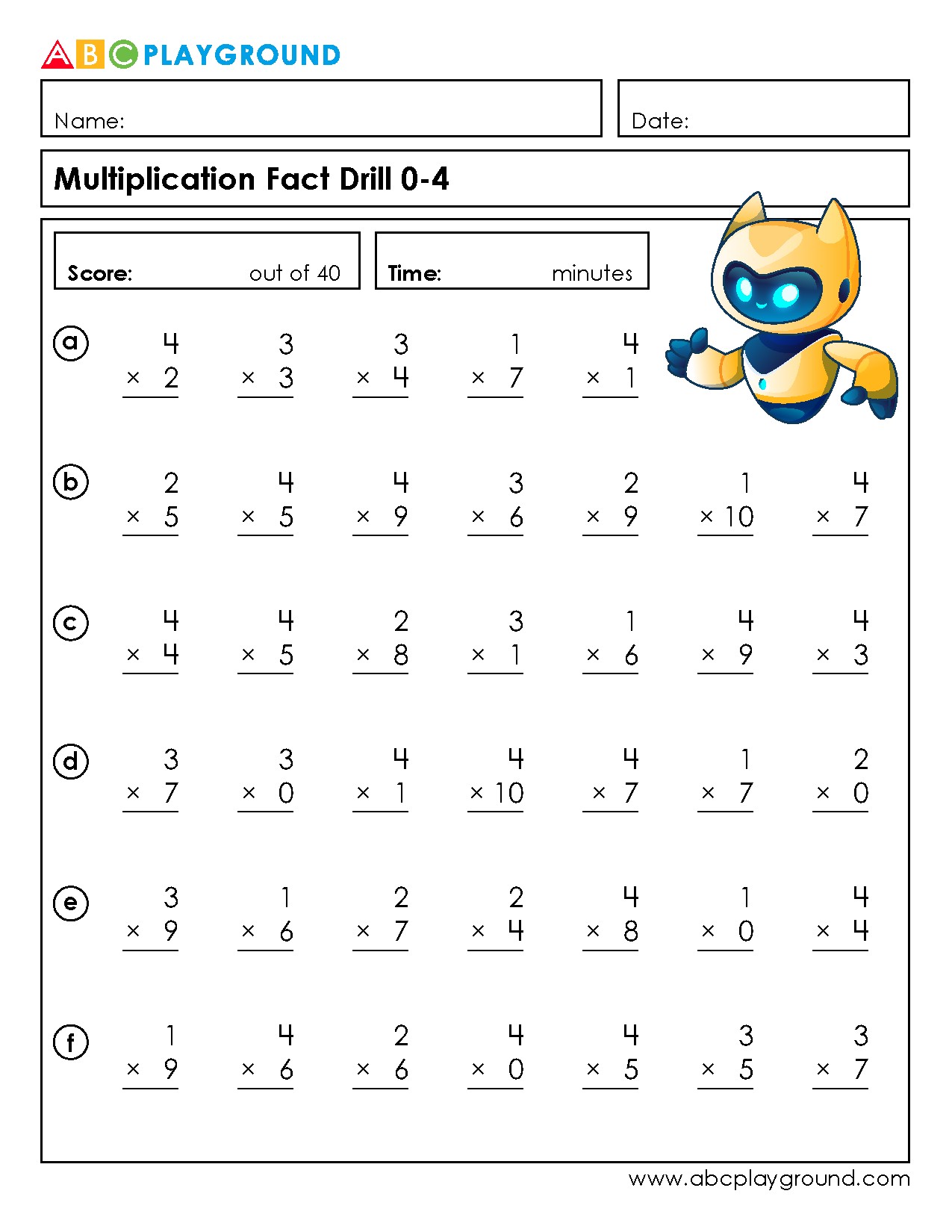 Multiplication Facts Practice Drill for Numbers 0 to 10