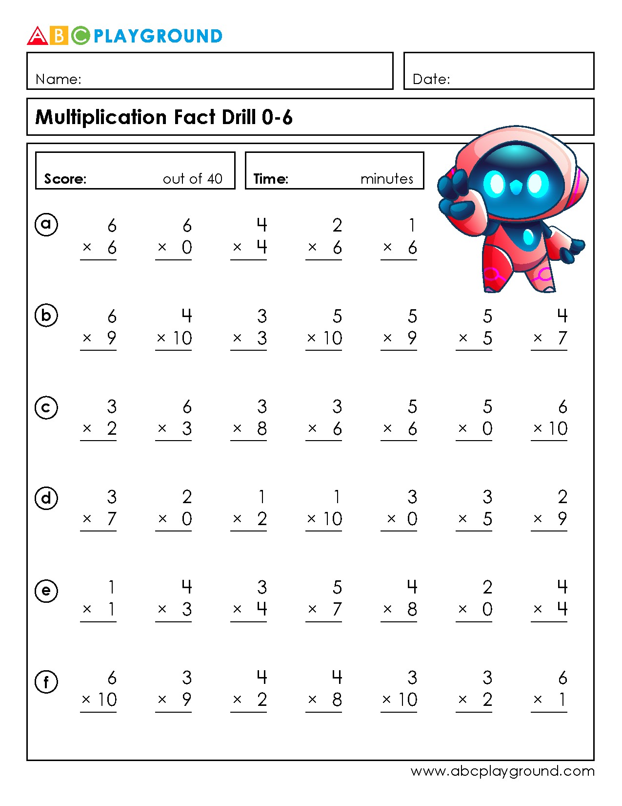 Multiplication Fact Drill Practice for Basic Facts 0-6