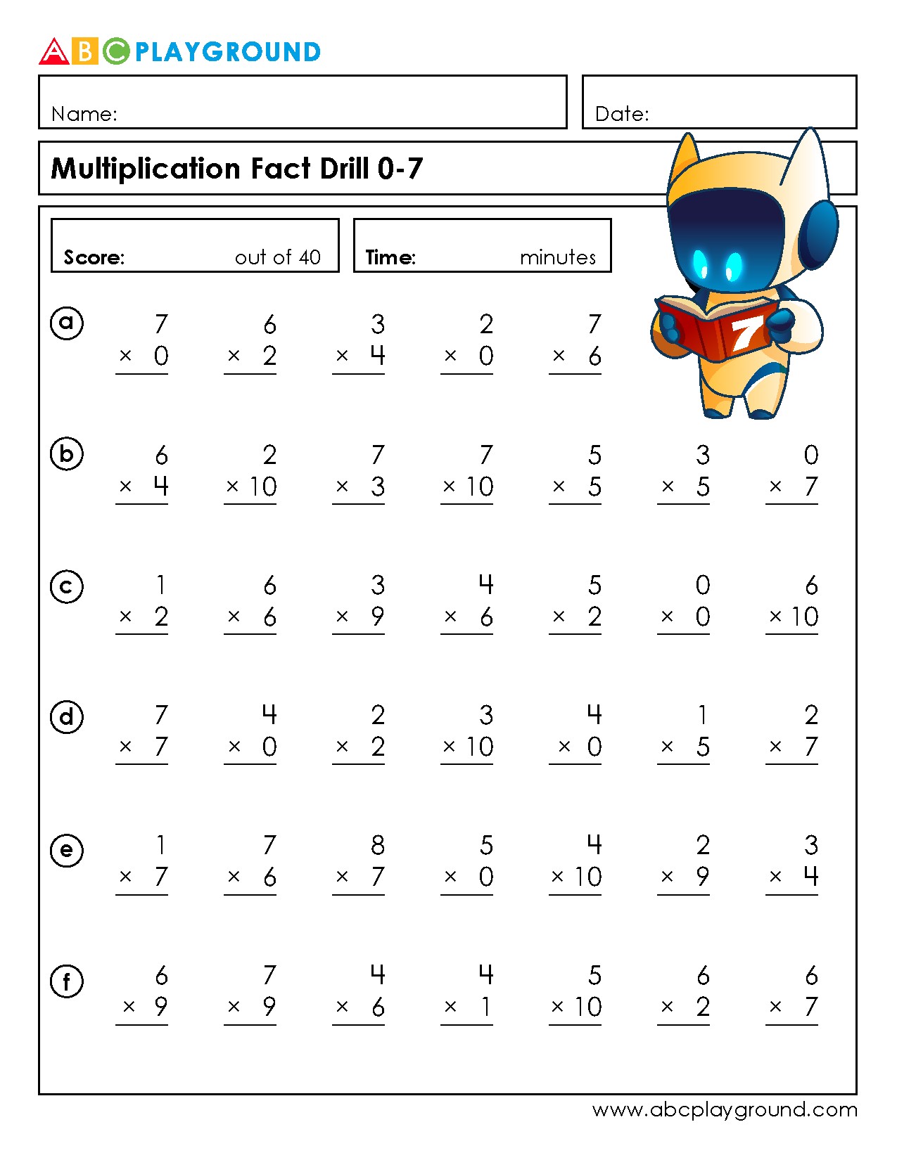 Multiplication Fact Drill Practice for 0-10