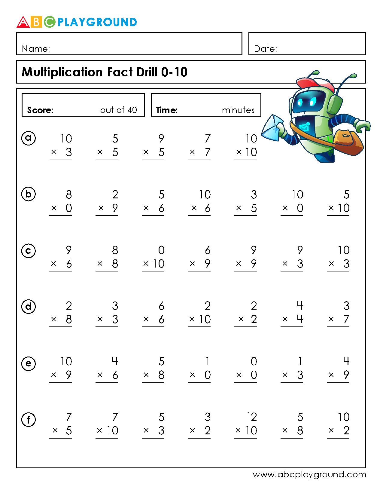 Multiplication Fact Drill Practice 0-10