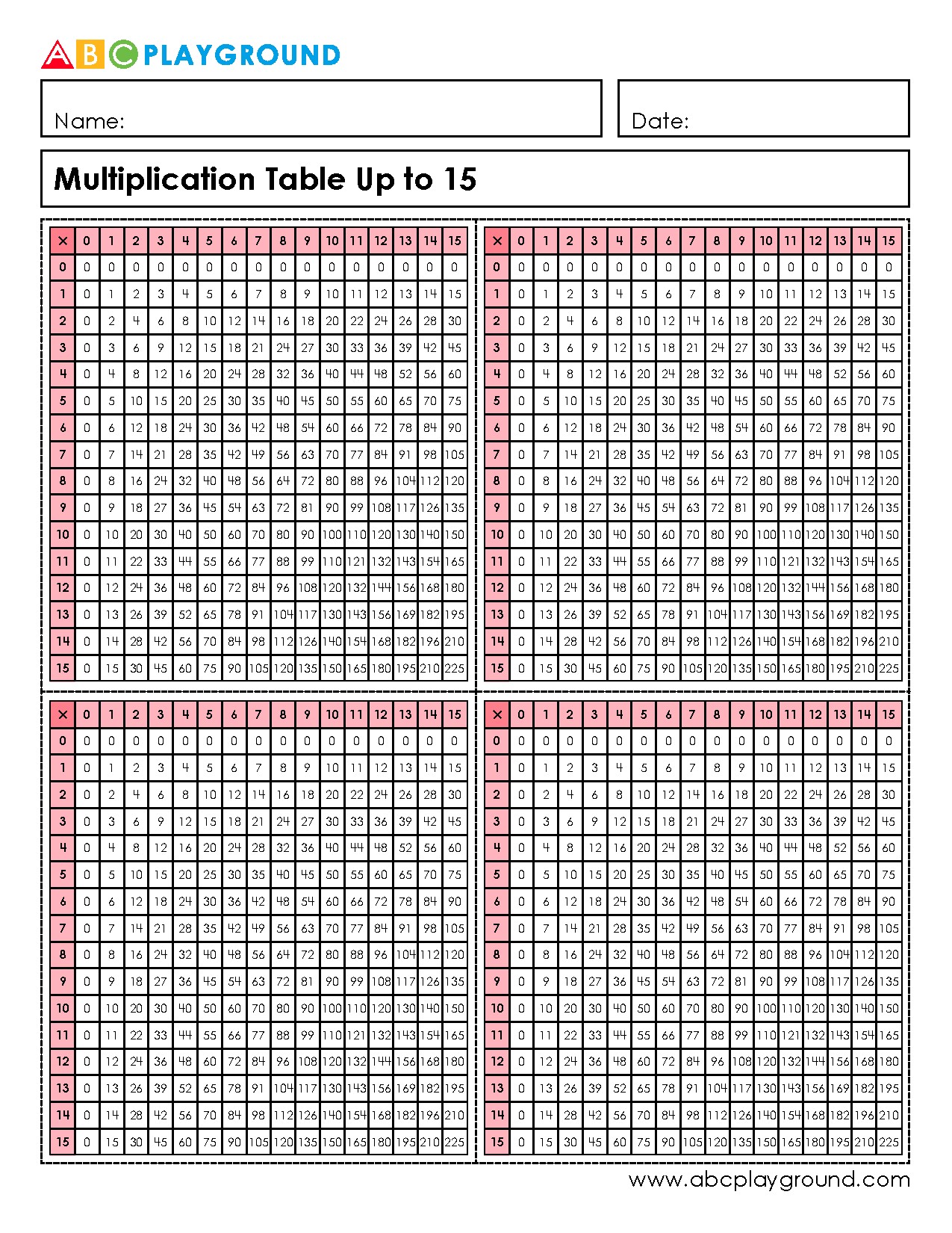 Multiplication Table Chart Up to 15 for Practice