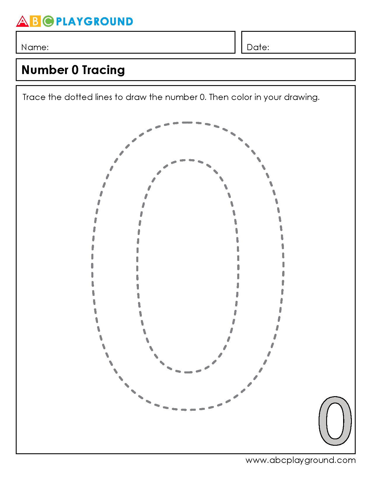 Number 0 Tracing and Coloring Worksheet