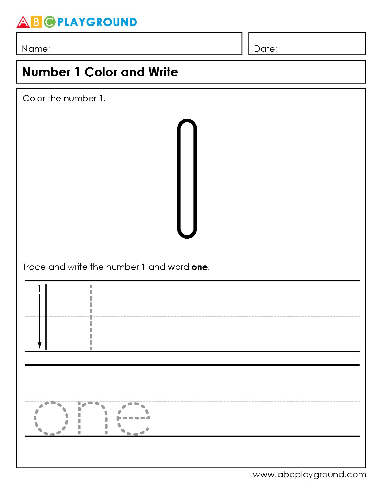 Number 1 Coloring and Writing Practice Activity