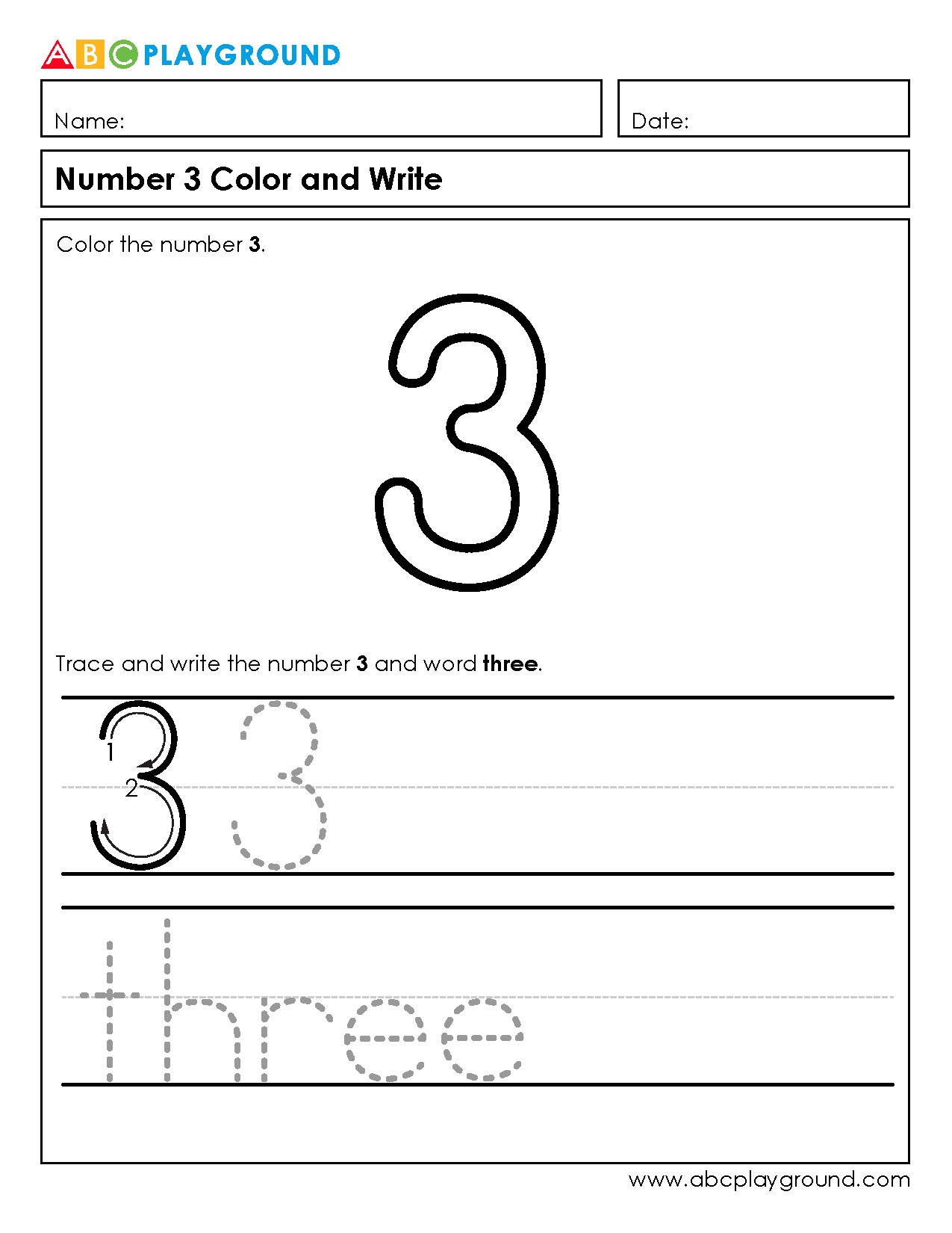 Number 3 Tracing and Coloring Activity
