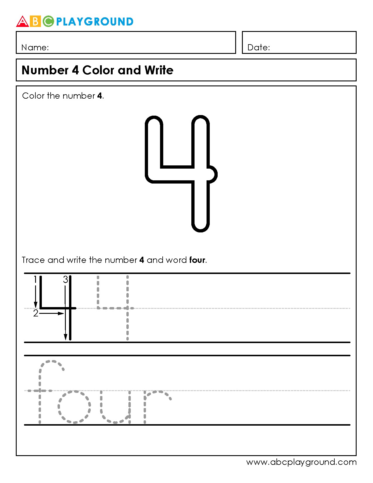 Number 4 Coloring and Writing Practice Worksheet