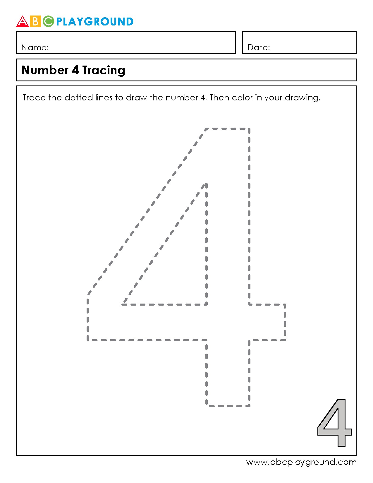 Number 4 Tracing and Coloring Worksheet