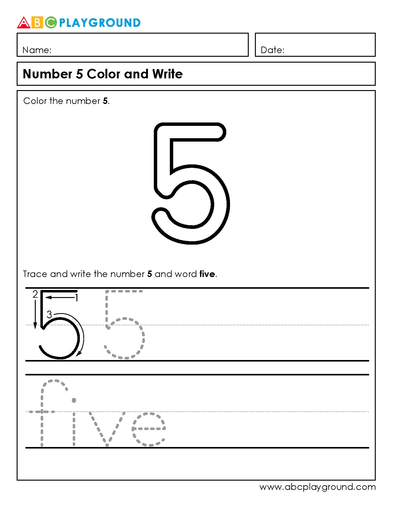 Number 5 Coloring and Writing Practice Worksheet