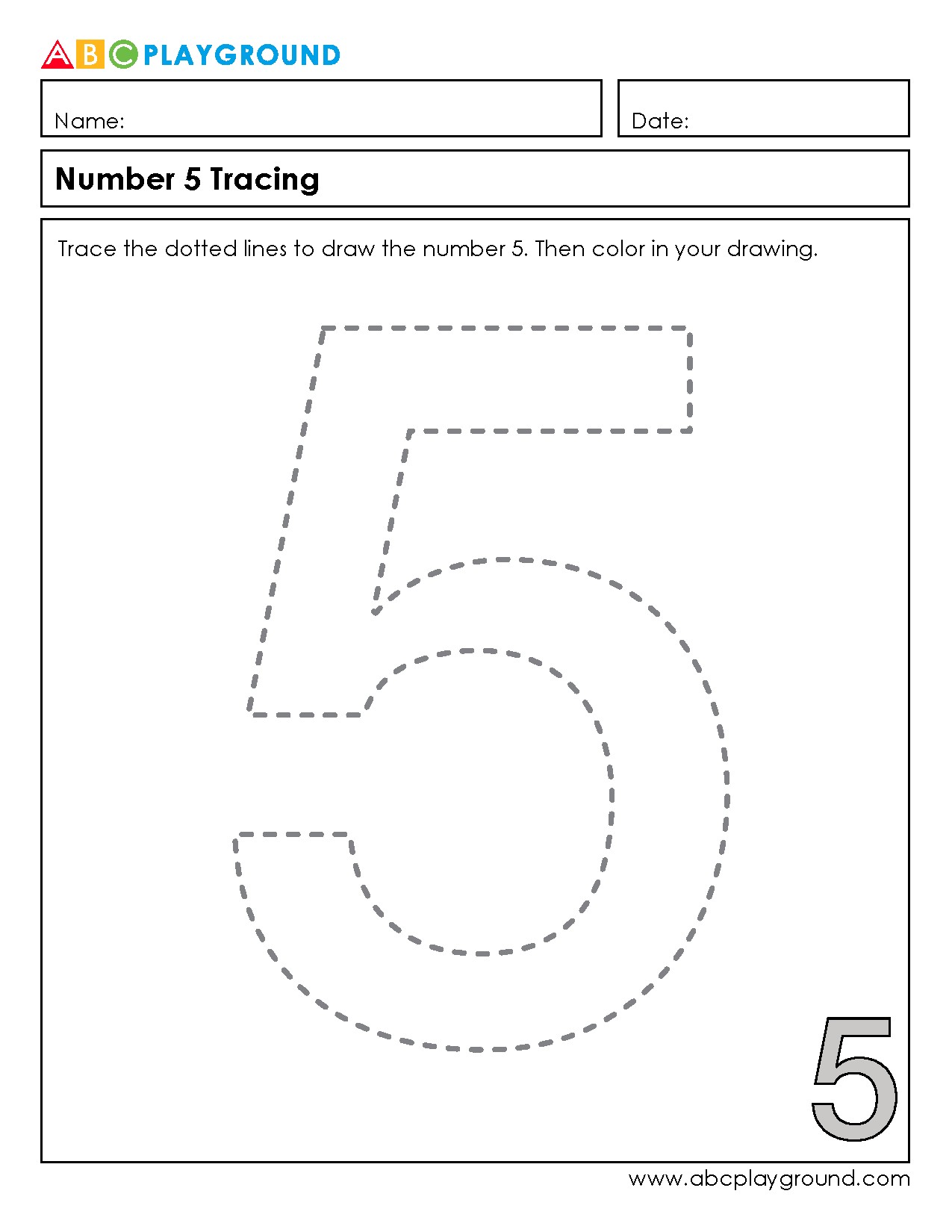 Number 5 Tracing and Coloring Worksheet