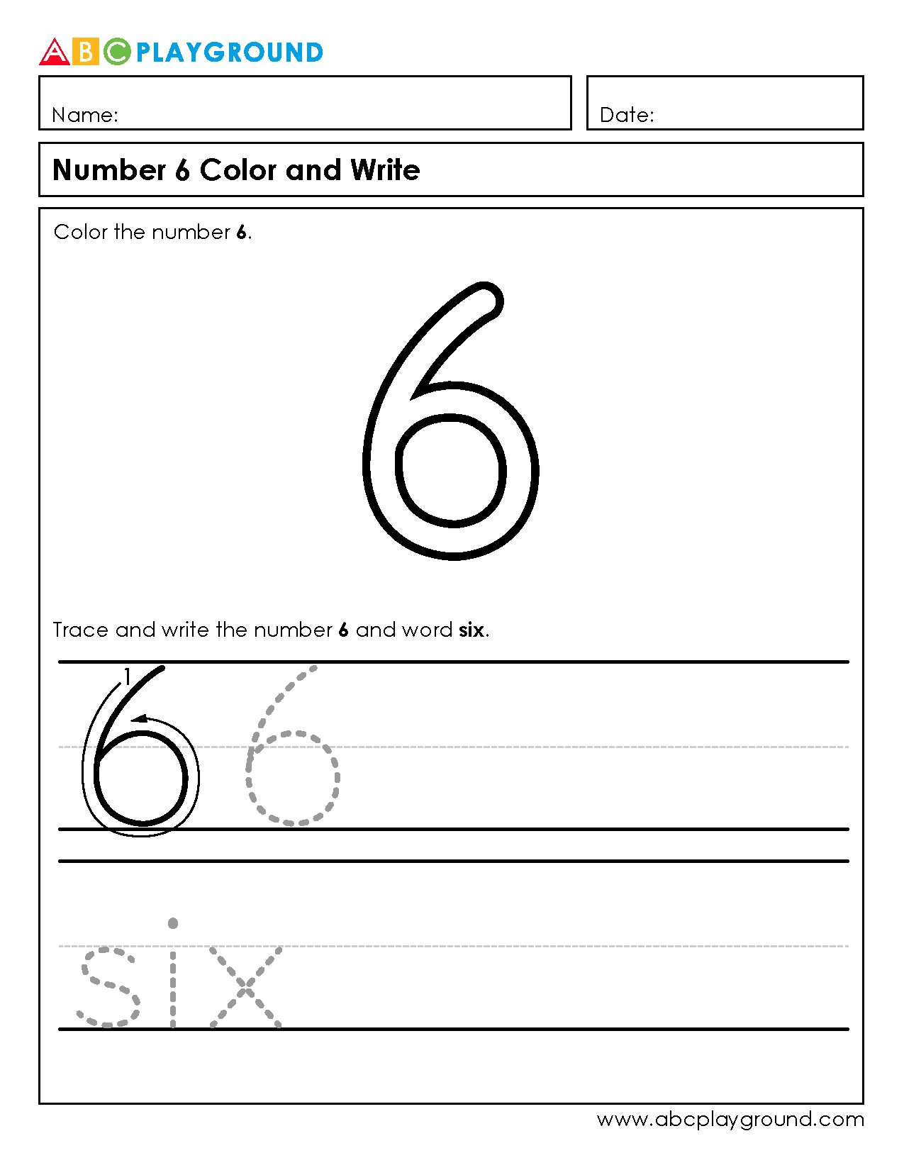 Number 6 Tracing and Coloring Worksheet
