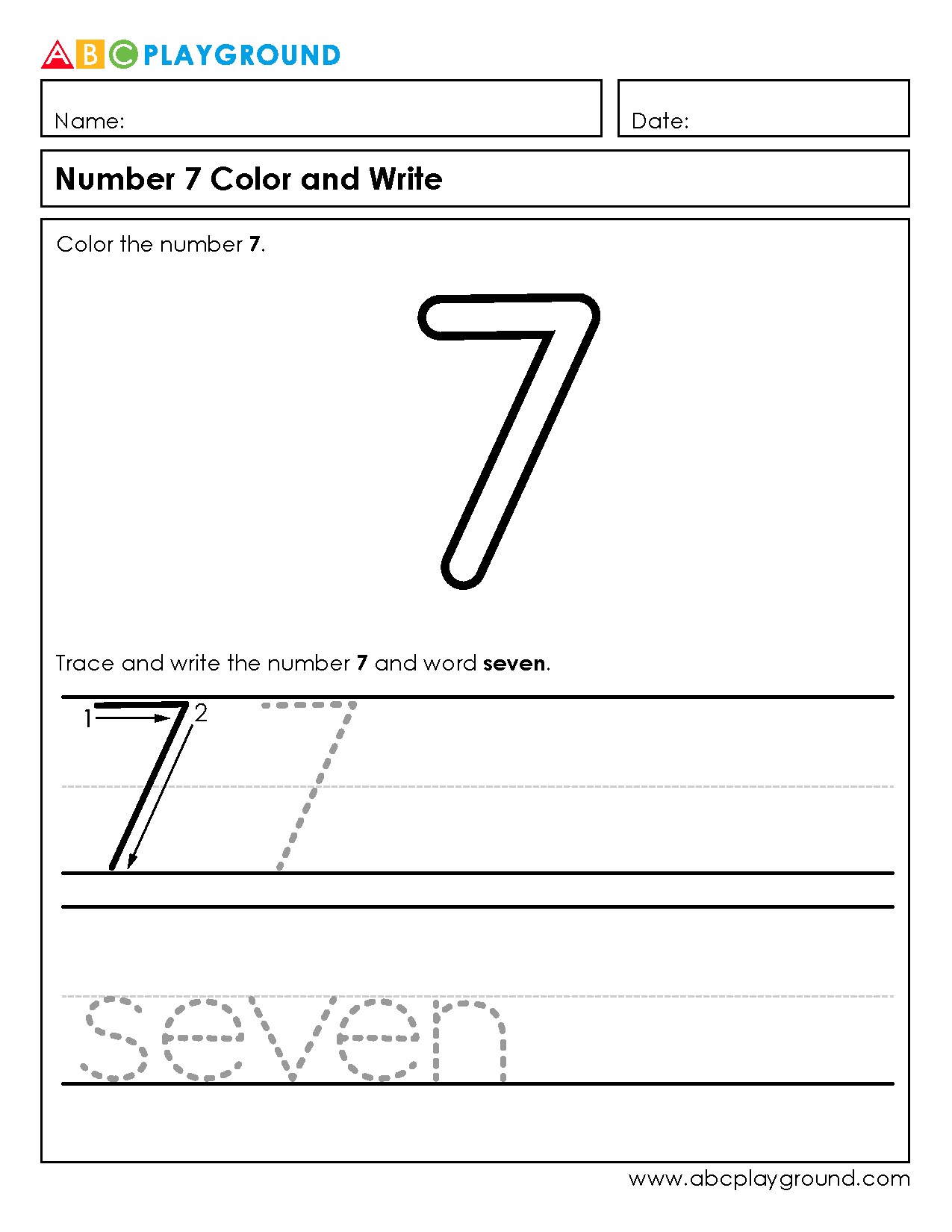 Number 7 Coloring and Writing Practice Worksheet