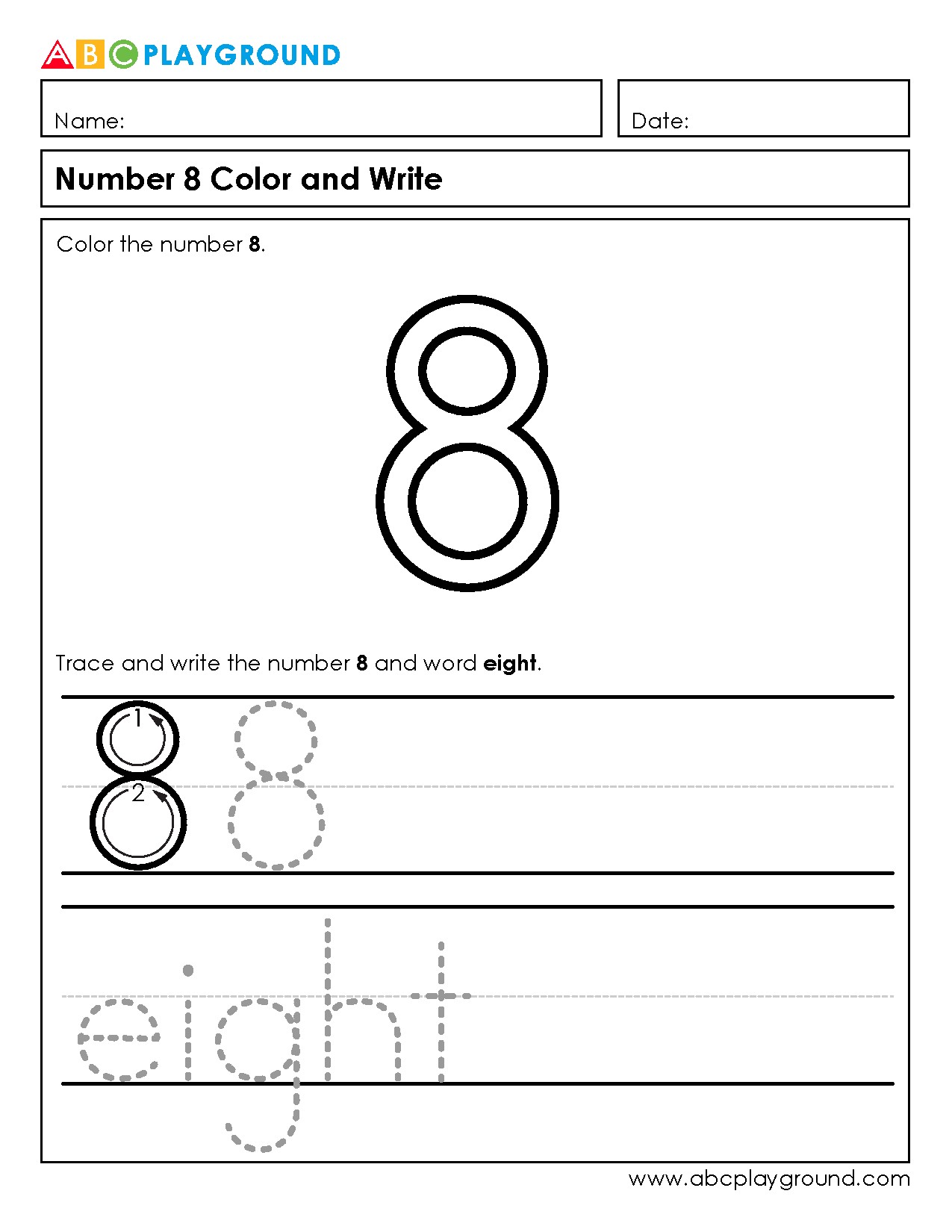 Number 8 Coloring and Writing Practice Worksheet