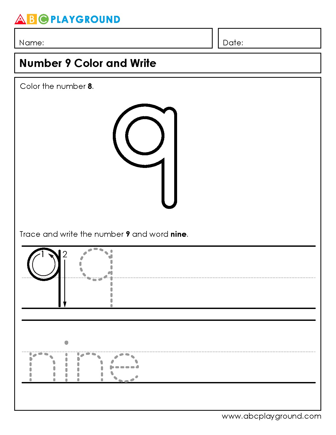 Number 9 Tracing, Coloring, and Writing Practice