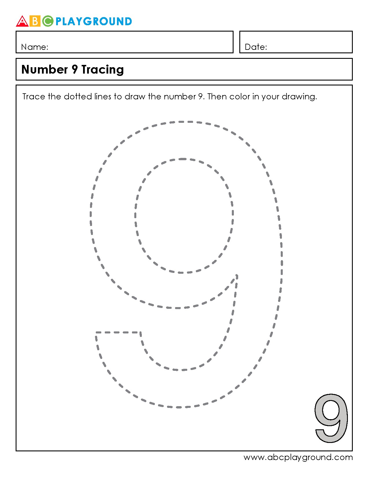 Number 9 Tracing and Coloring Worksheet
