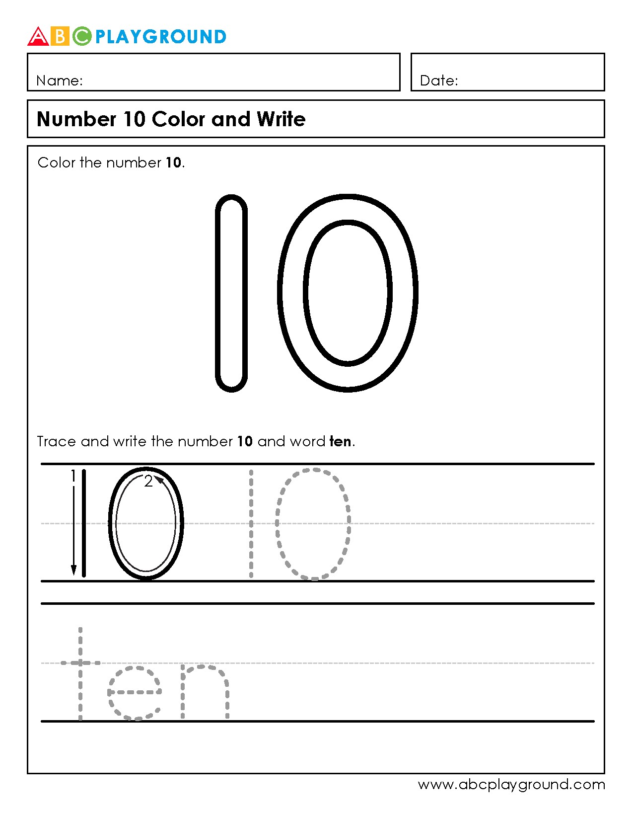 Number 10 Tracing and Coloring Activity